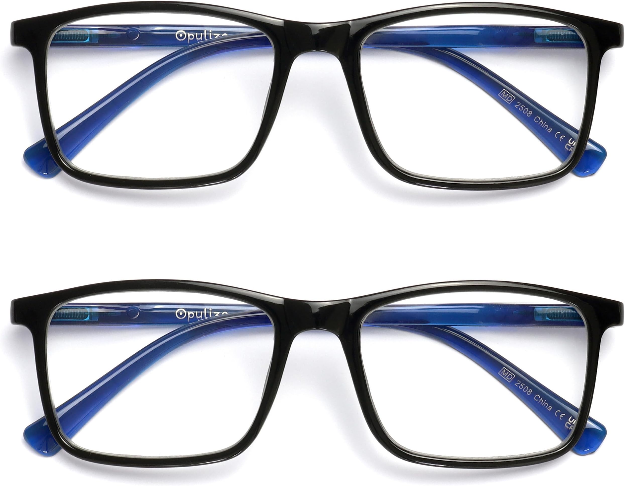 OPULIZE INK Reading Glasses - Value 2 Pack - Large Rectangular Frame - Spring Hinges - Scratch Resistant - Black Blue Arm - Mens Womens +1.50