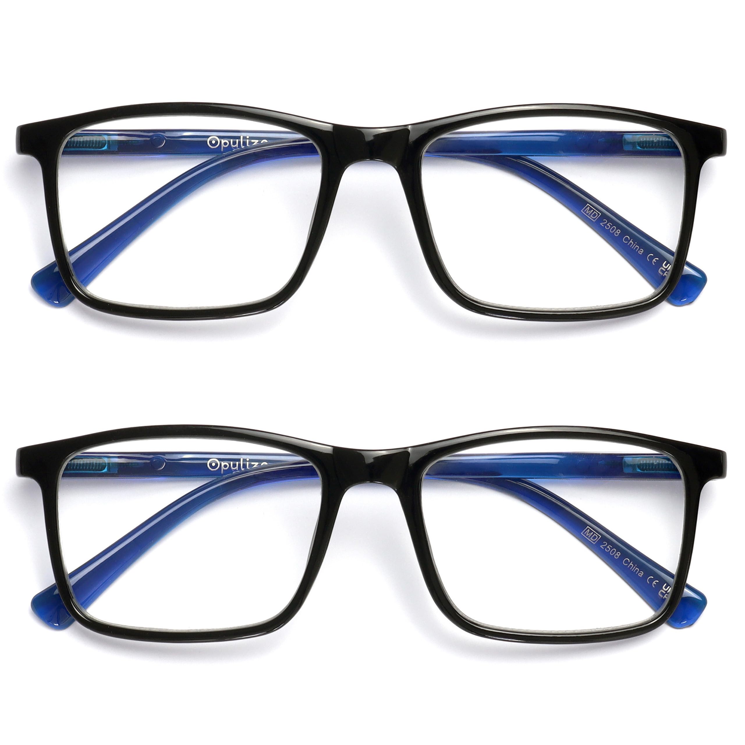 OPULIZE INK Reading Glasses - Value 2 Pack - Large Rectangular Frame - Spring Hinges - Scratch Resistant - Black Blue Arm - Mens Womens +2.00