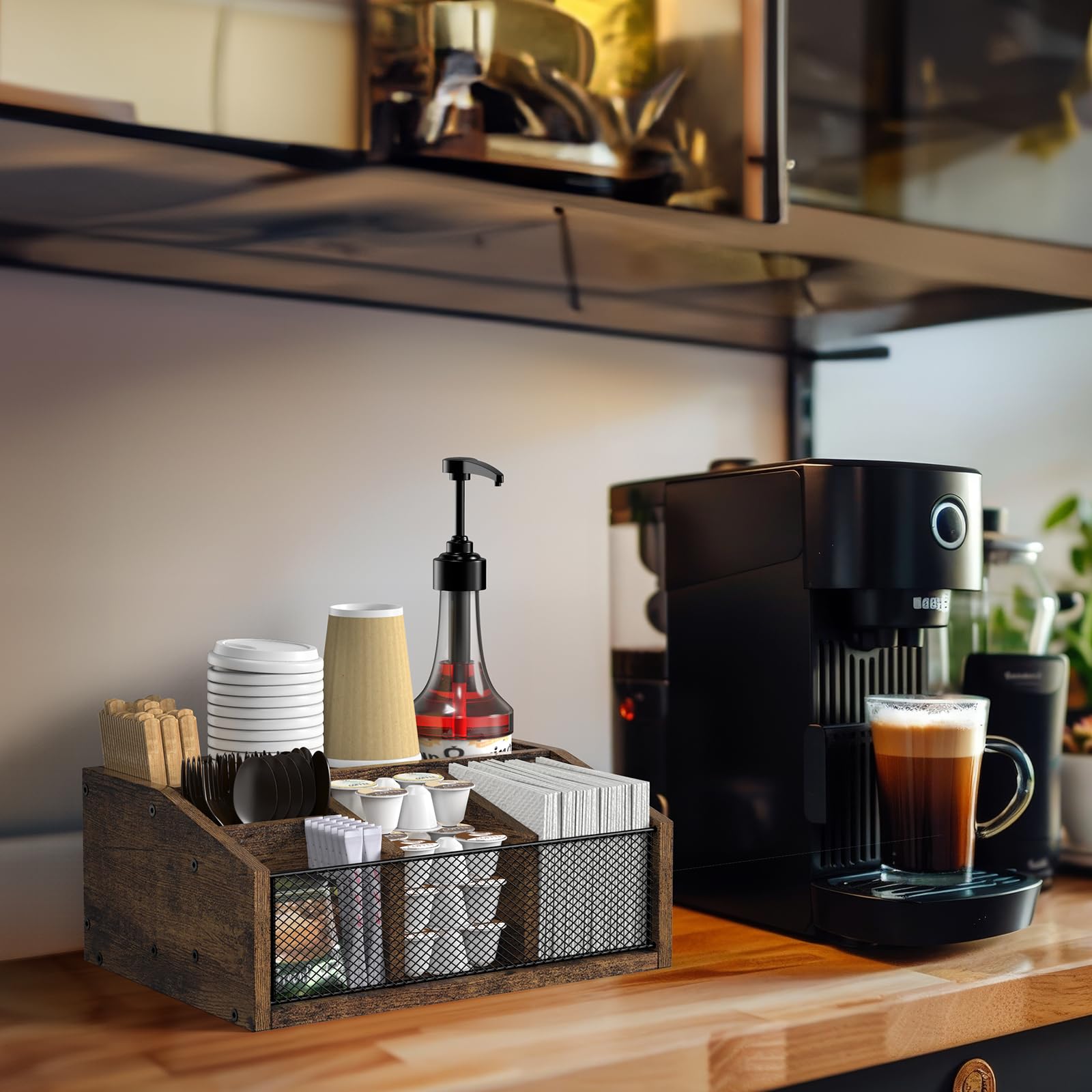 Organizador de Madera para Cafetería, Organizador de 5 Compartimentos para Accesorios de Cafetería con Divisores para Oficina - Perfecto para Servilletas, Azúcar, Suministros de Té, Cápsulas de Café