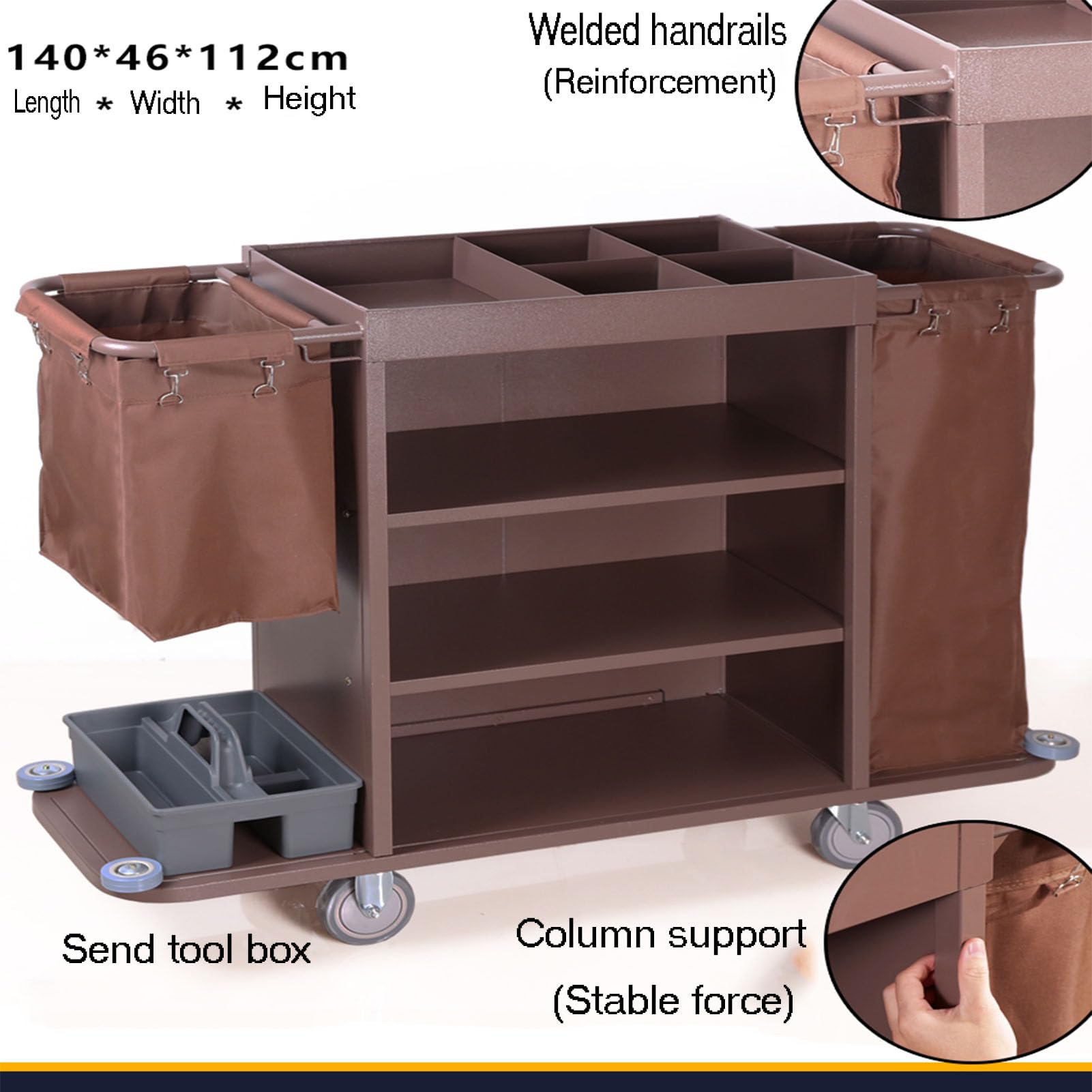 Carrito de limpieza con bolsas, carrito de limpieza comercial con ruedas para hoteles y alojamiento, diseño duradero para una limpieza eficiente, acabado marrón