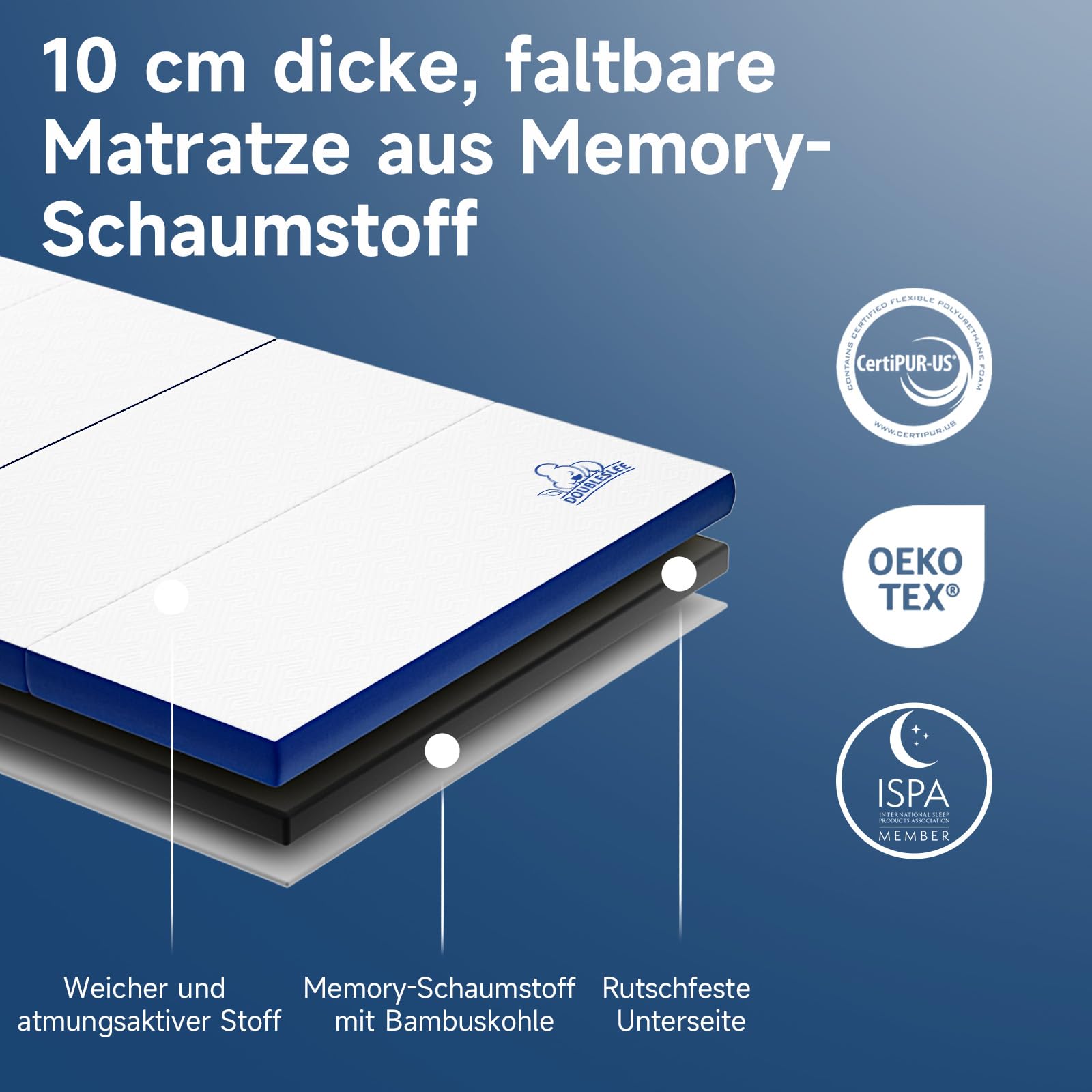 Klappmatratze 80x195cm, Höhe10 cm, 4-teilige Faltmatratze | Gästematratze Klappbar, Matratze Auto Kofferraum, H3 Härtegrad, Komfortschaumkern, Klappbett Waschbar für Reisen und Camping