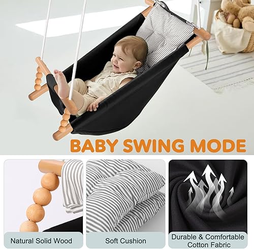 Miniatura 5 de Montessori - Juego de columpio y puente 2 en 1 para bebé, de madera con soporte para interiorexterior, puente y hamaca con arnés de 5 puntos,