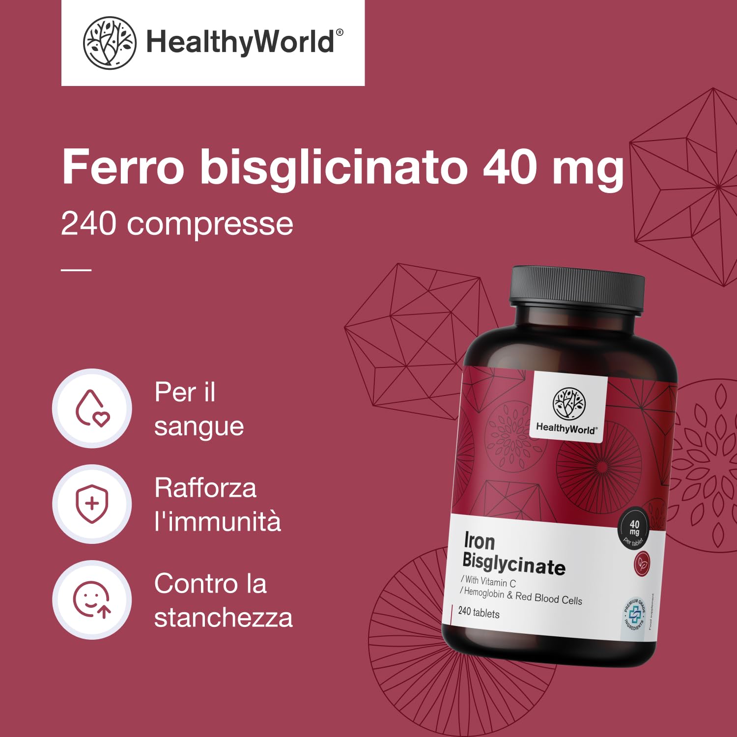 HealthyWorld® Ferro Bisglicinato 40 mg - Con Vitamina C - 240 Compresse - Fornitura per 8 mesi - Senza OGM e senza Coloranti Artificiali - 40 mg di Ferro, 40 mg di Vitamina C - La Massima Qualità