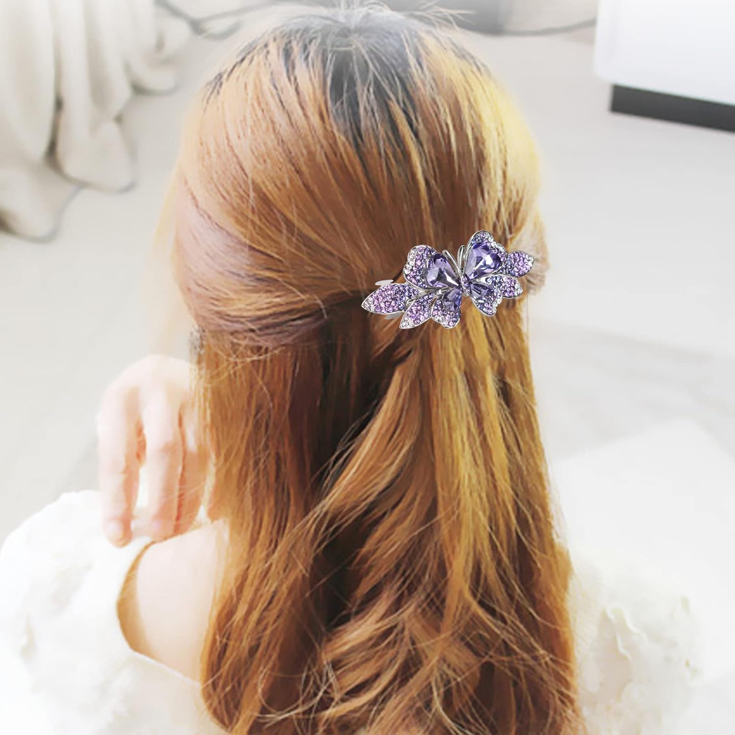 Crystal Rhinestones Hair Barrette French Hair for Women Small Hairpin for Mom Butterfly Hair Clips (Purple) - Image 5