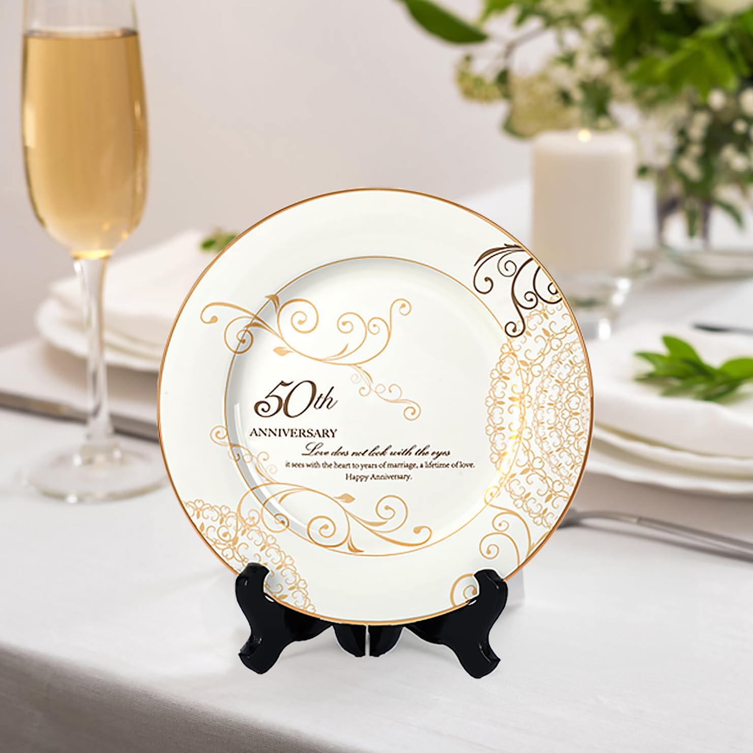 Urllinz Plato de 50 aniversario de boda, 50 aniversario de boda, regalo para parejas, 50 años de oro de boda, plato superior de porcelana de oro de 9 pulgadas para abuelos con soporte