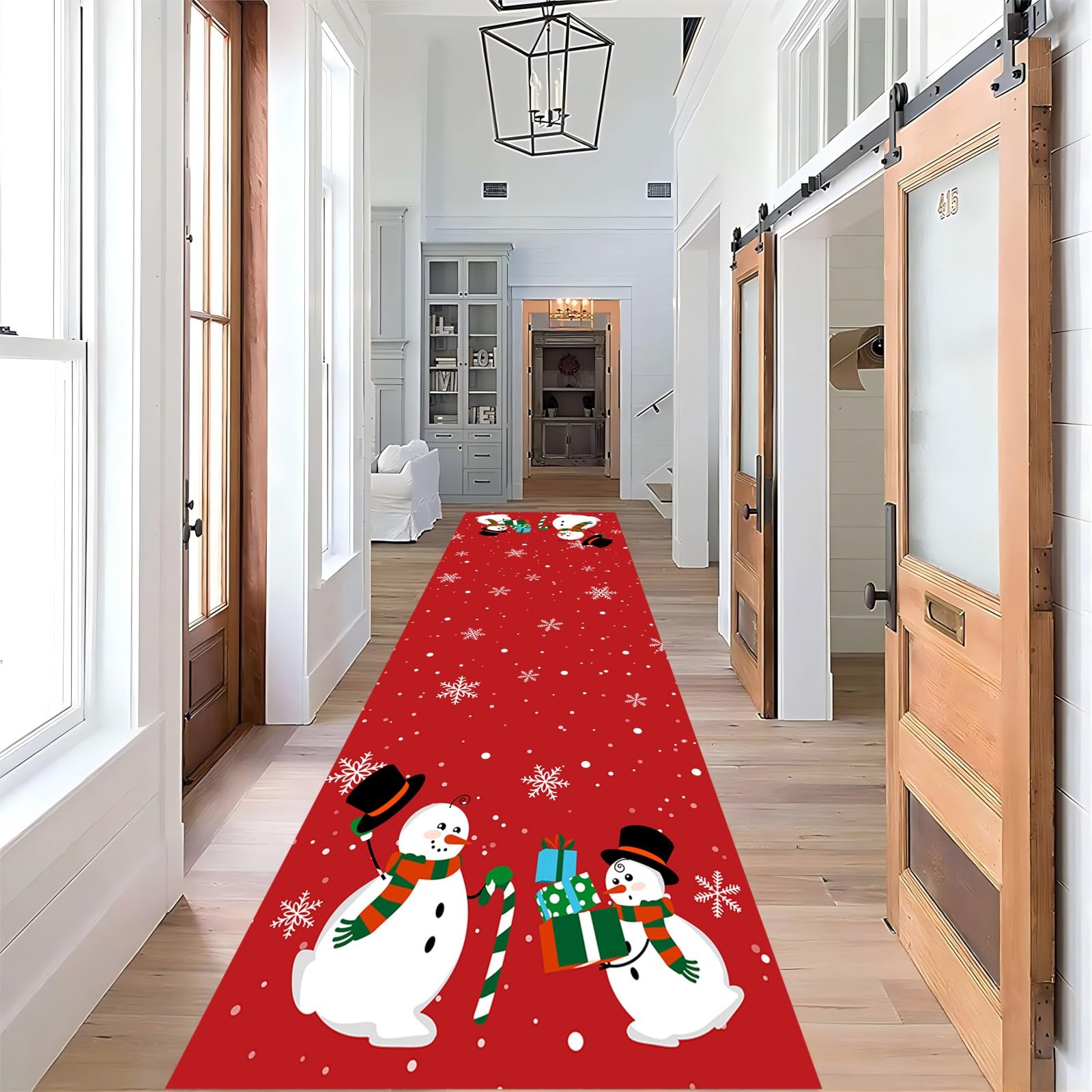 ZLXMN Red Christmas Runner Rug, 2x10ft, Winter White Snowman Snowflake for Hallway Rug, Indoor Runner Rugs for Corridor, Modern Bathroom Runner