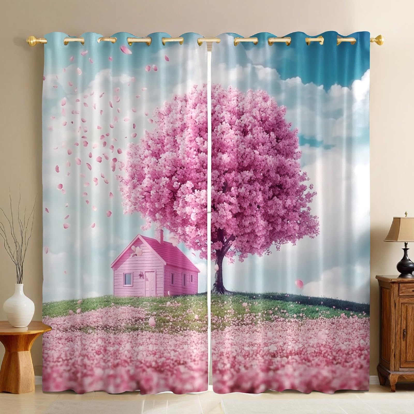 Rideaux occultants anti froid cerisiers en fleurs rose déco chambre et salon 117x229cm