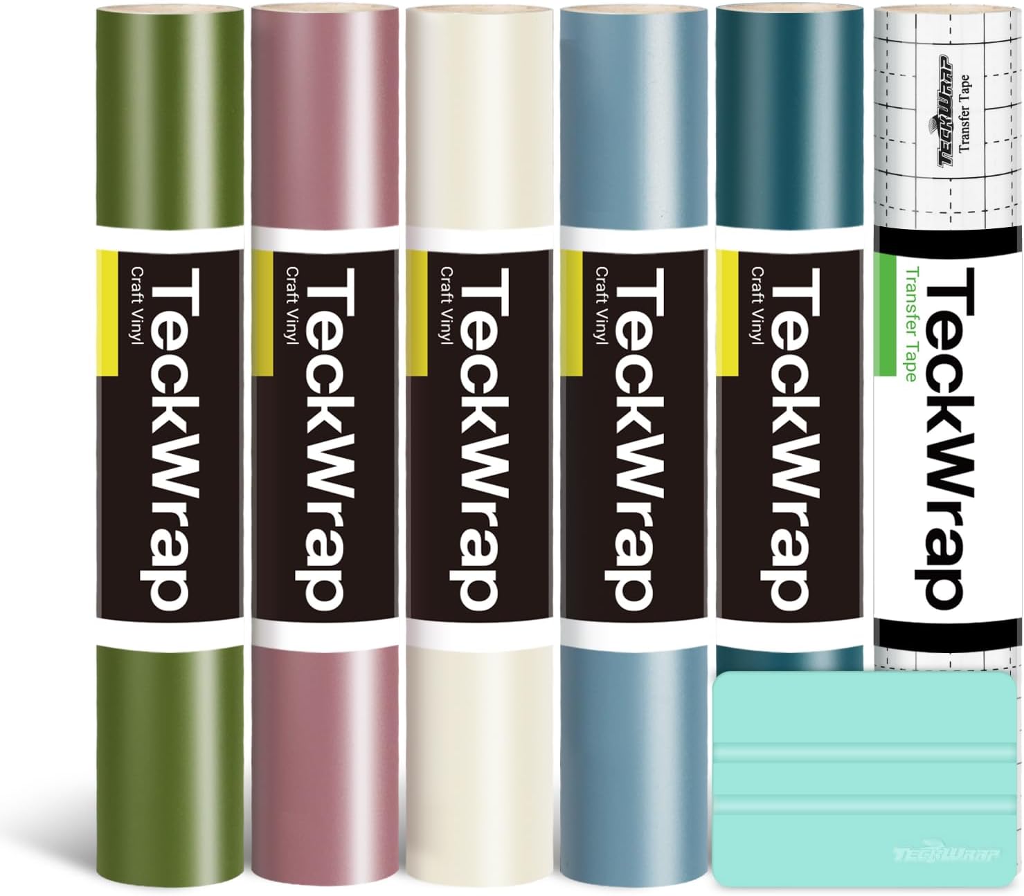 TECKWRAP Permanent Adhesive Vinyl Bundle for Crafting Cutter 12" x 36"/Rolls (Matte Olive,Rose Gold,Ivory White,Cobalt Blue,Teal)
