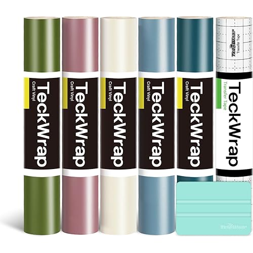 TECKWRAP Permanent Adhesive Vinyl Bundle for Crafting Cutter 12" x 36"/Rolls (Matte Olive,Rose Gold,Ivory White,Cobalt Blue,Teal)