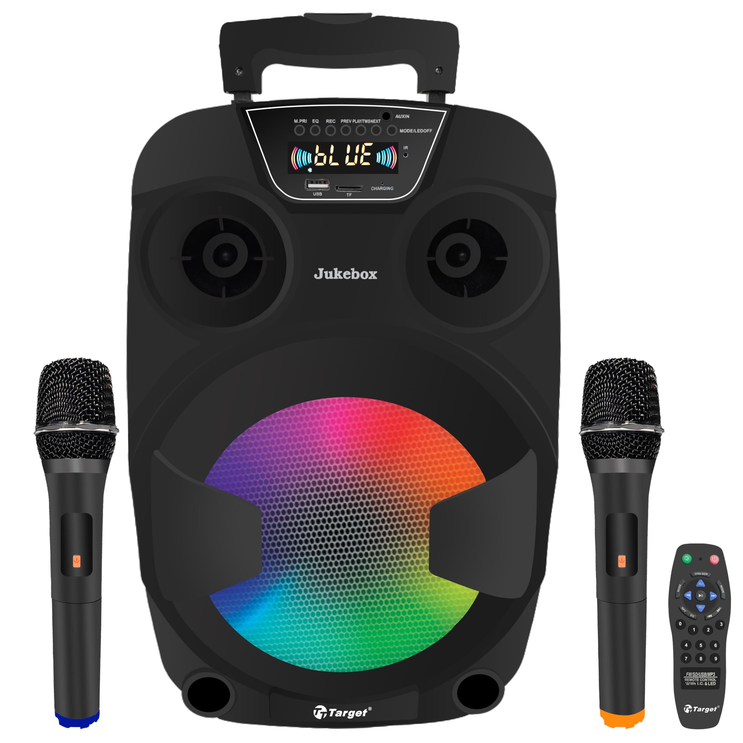 Target TT-PSI-830 Trolley Karaoke Speaker System with 2 Wireless Microphones, 80W RMS Output, Built-in Rechargeable Battery, LED Display, RGB Lights, Media Control Panel