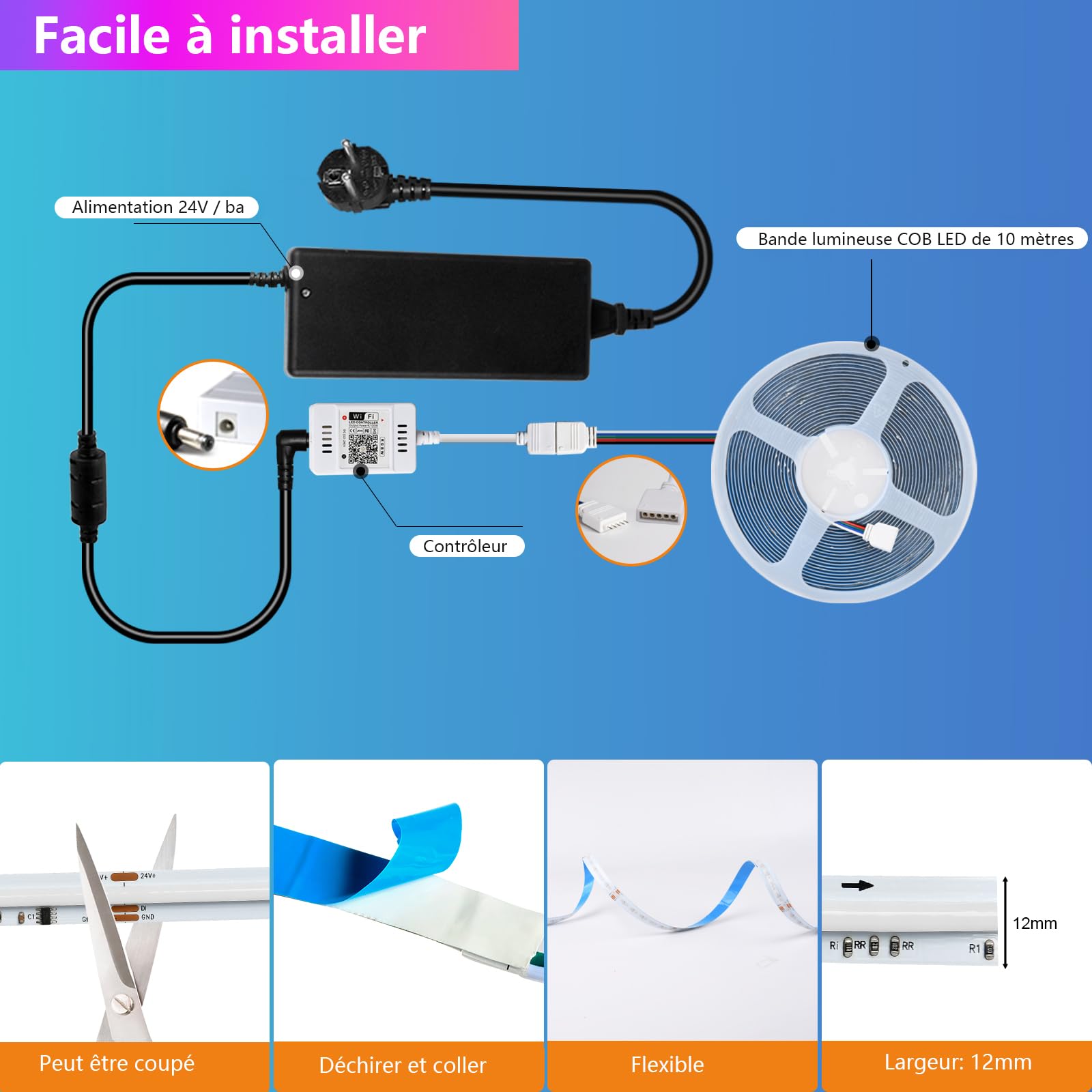 Wlan Cob LED Streifen RGBW 10m mit Fernbedienung, Led Cob Strip Alexa LED Lichtband 24V Selbstklebend Lichtleiste COB, 672 Leds/M, RGB+Warmweiss, Kompatibel mit Alexa Google Home
