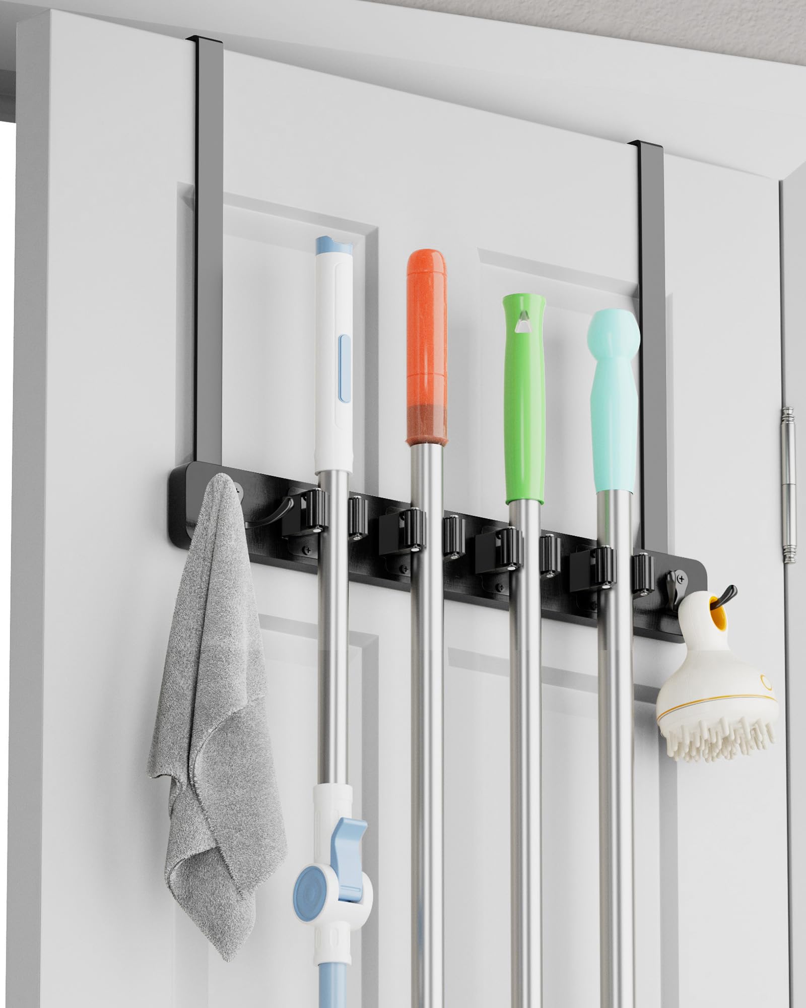 BS-VOG Over the Door Broom Holder, 4 Racks & 2 Hooks, Wood Mop & Broom Organizer