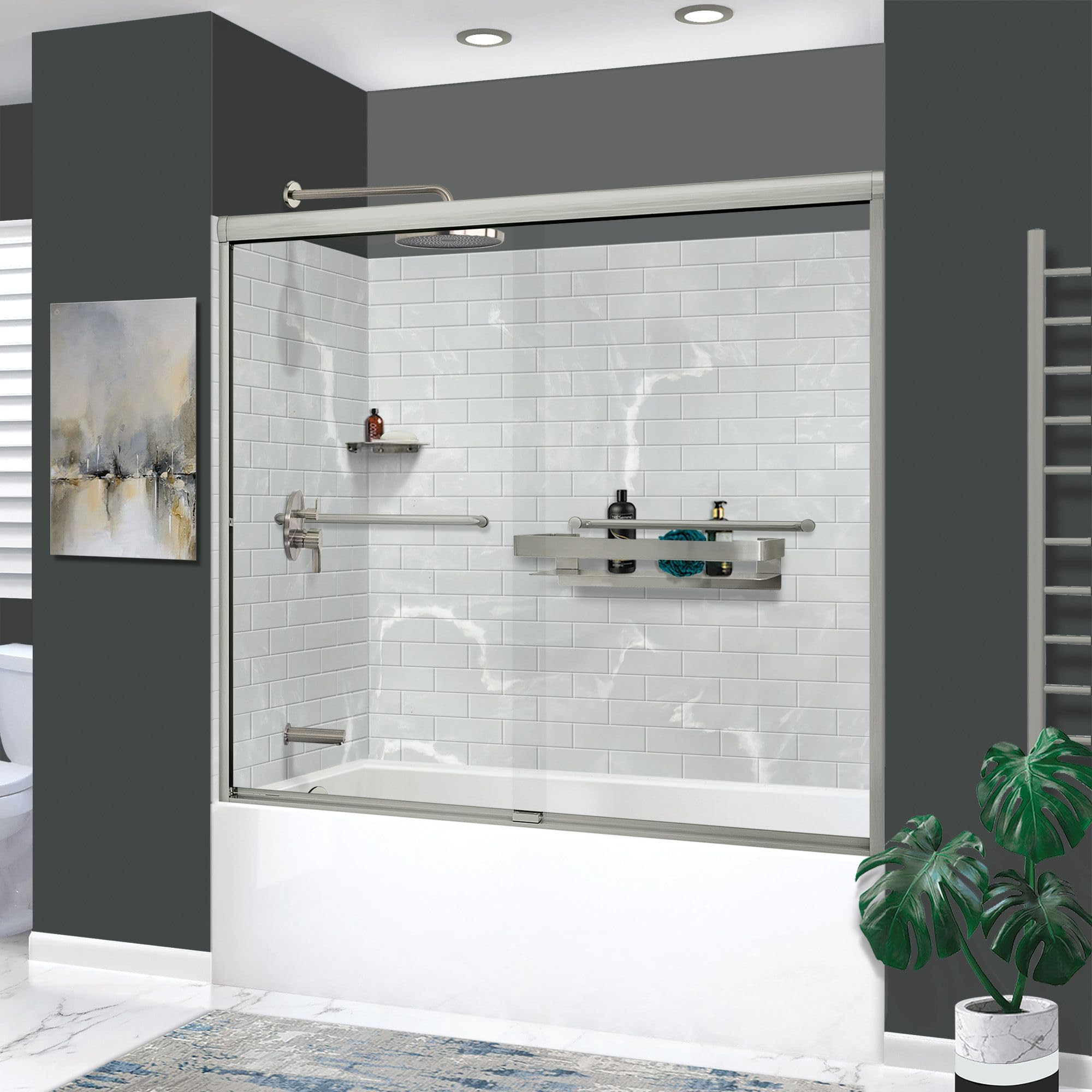 Transolid KTAFS603660L-50BS 60-in x 36-in x 80-in 7-Piece Glue-on Saramar Shower/Tub Kit with Door Faucet and Accessories, Lunar/Brushed Stainless