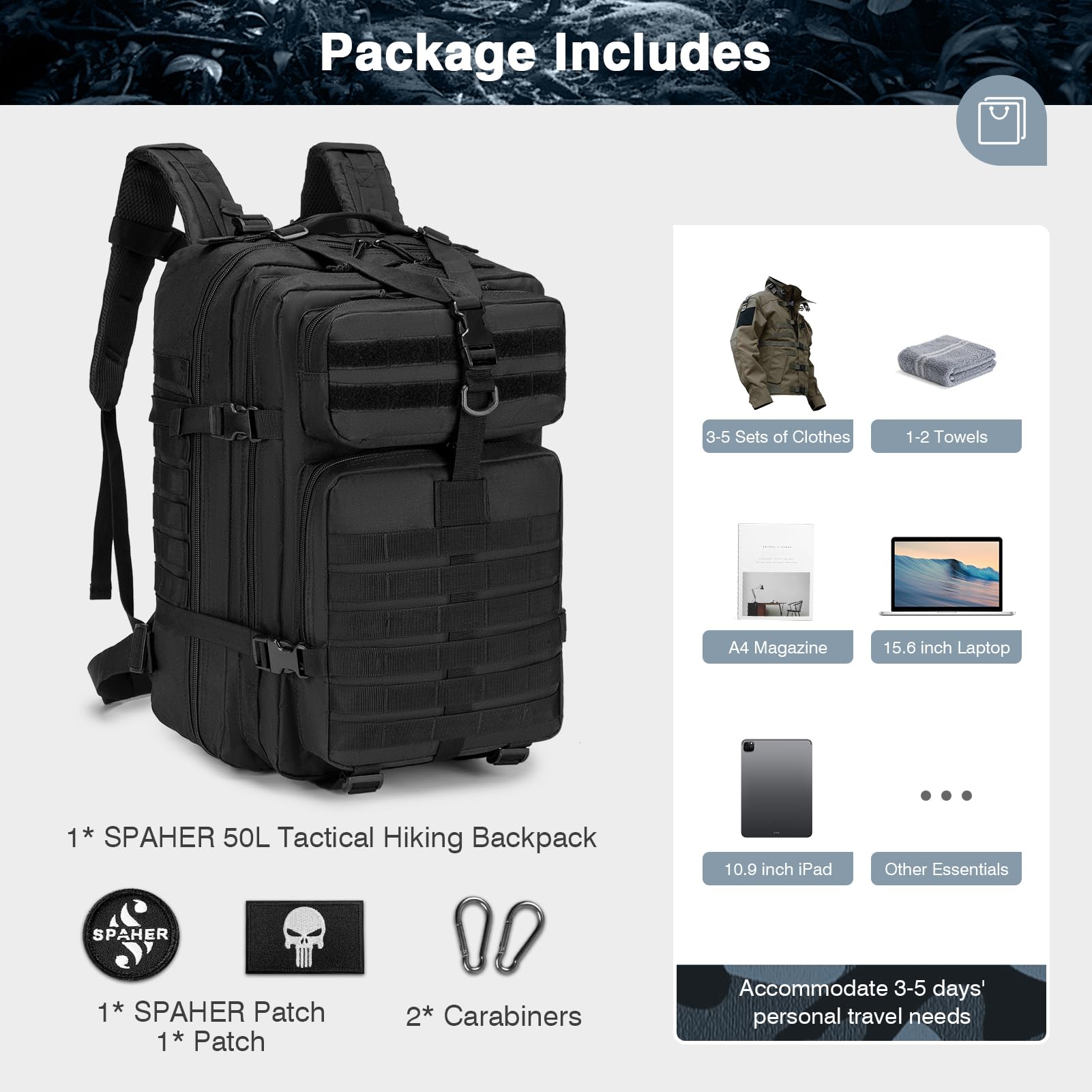 SPAHER 45L Sacs à Dos Tactique Militaire Armée Sac de Randonnée Trekking Survie Voyage Molle Étanche avec Une Housse Imperméable, Noir