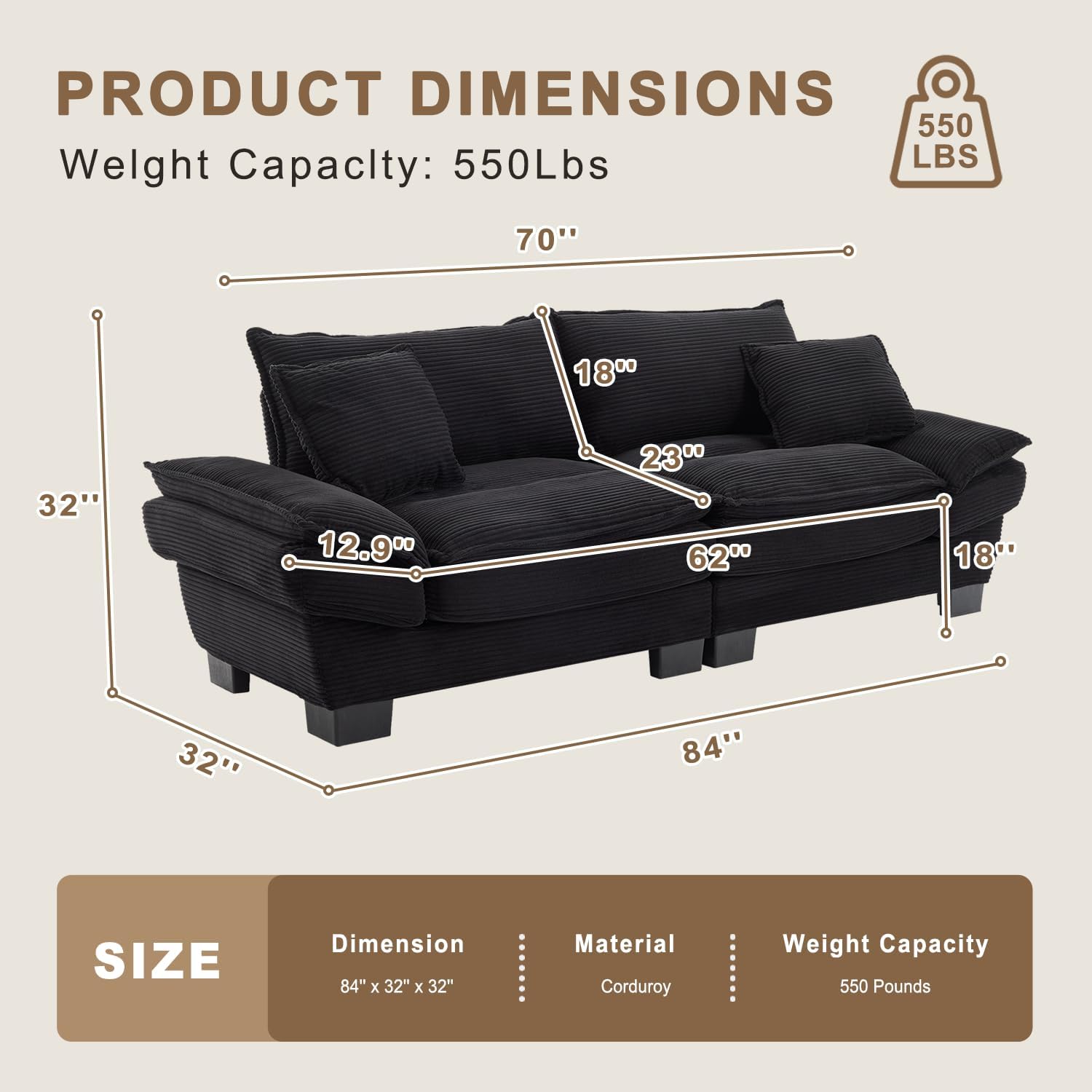 84" W Loveseat Sofa, Corduroy Sofa Sleeper Couch Loveseat Sofa with Pillows Comfy Upholstered Deep Seat Sofa for Bedroom, Living Room, Apartment, Office, Dorm (Black)