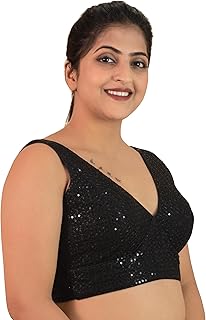 Women's Sequin Embroidered Premium Net Fabric Sleeveless V Neck Sabyasachi Cut Readymade Saree Blouse