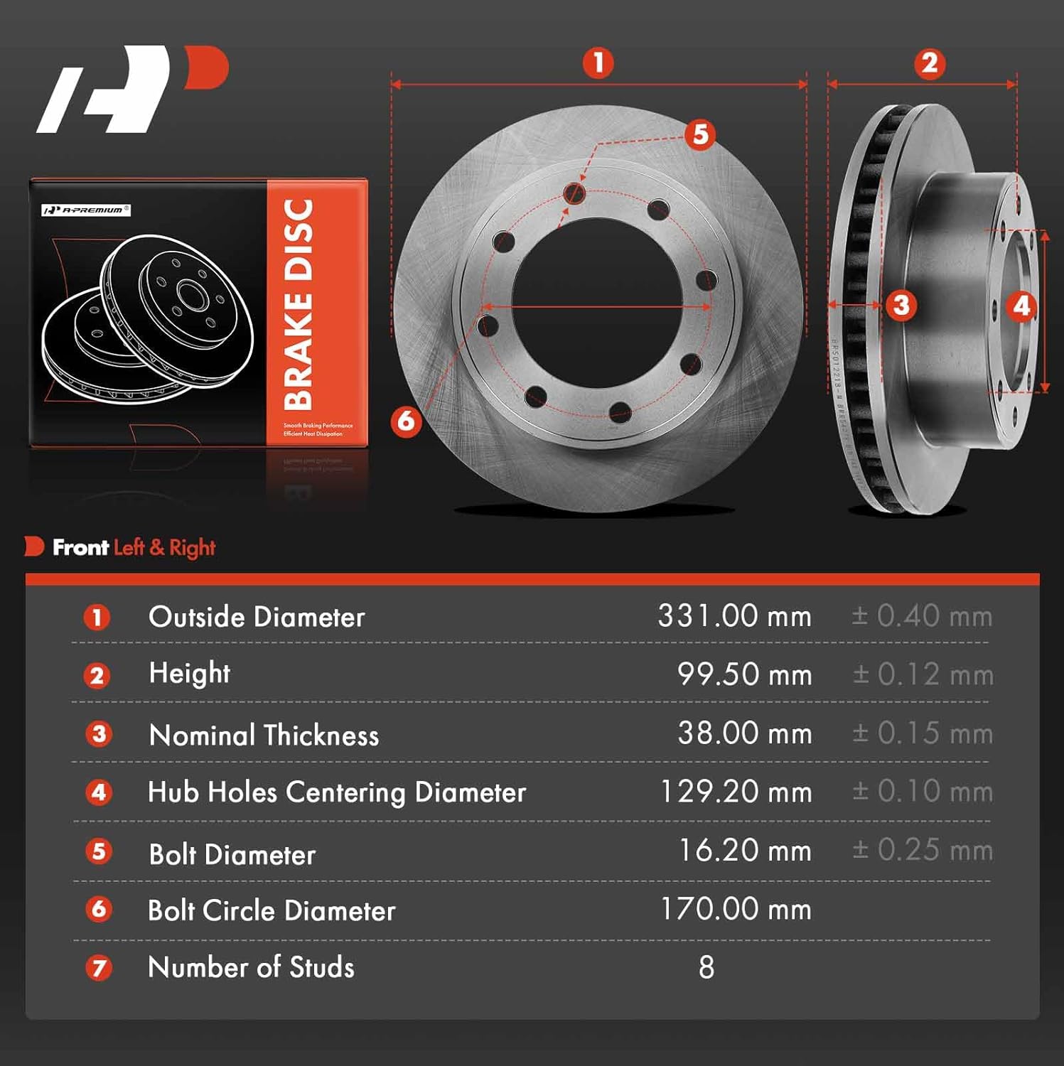 A-Premium 13.03 inch (331mm) Front Vented Disc Brake Rotors Compatible with Select Ford Models - Excursion 2000-2005, F250 F350 F450 Super Duty 1999-2004, F550 Super Duty 2005, 4WD, 2-PC Set