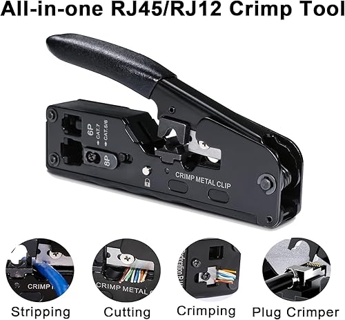Miniatura 5 de Kit de herramientas de crimpado RJ45 todo en uno, herramienta de crimpado Ethernet todo en uno, cortador pelacables para conectores Cat5e Cat6 Cat6a