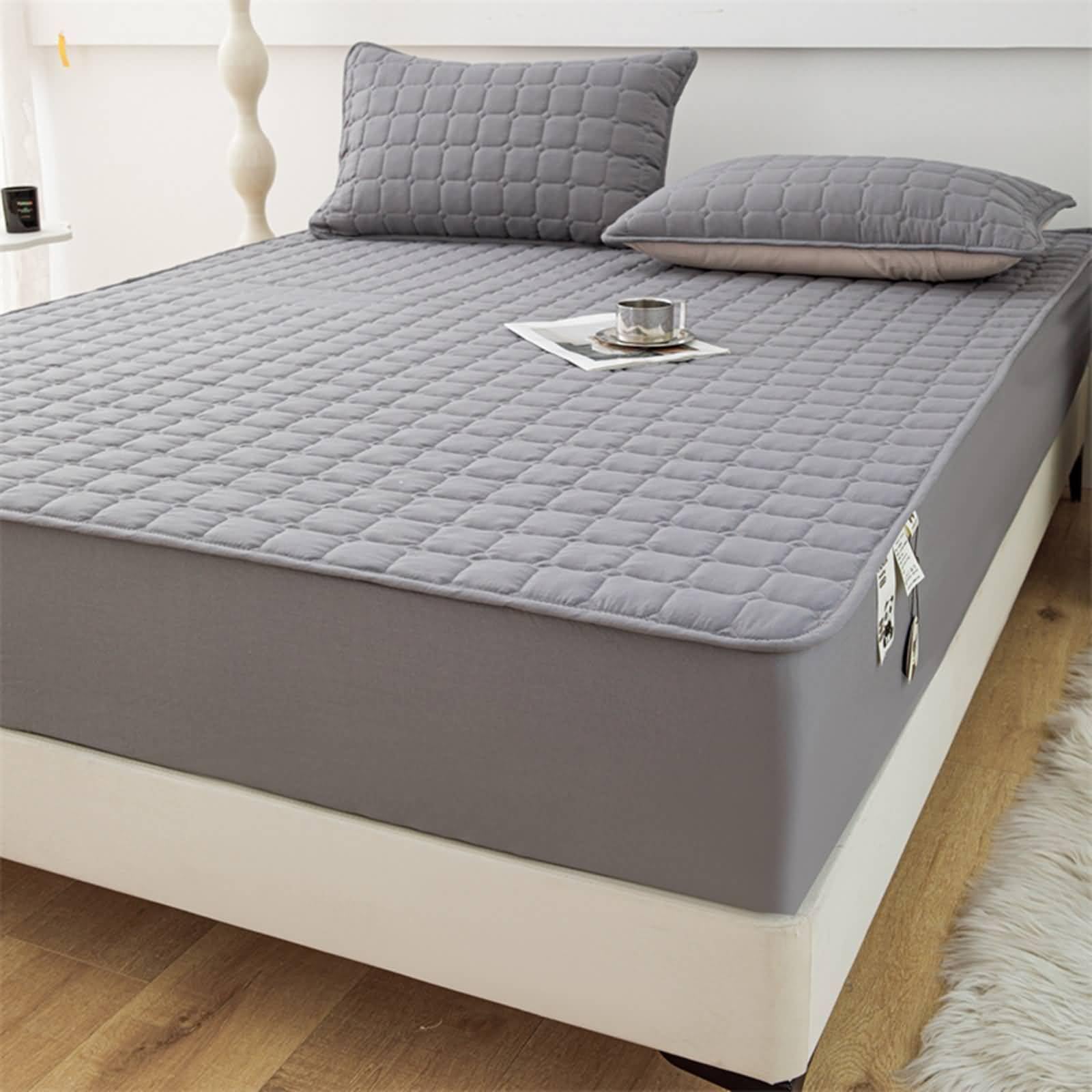 3-częściowy zestaw bawełnianych prześcieradeł z elastycznymi narożnikami, jednolity kolor z kwadratowym wzorem, 150 x 190 cm + 2 poszewki na poduszki, ciemnoszary prześcieradło z gumką