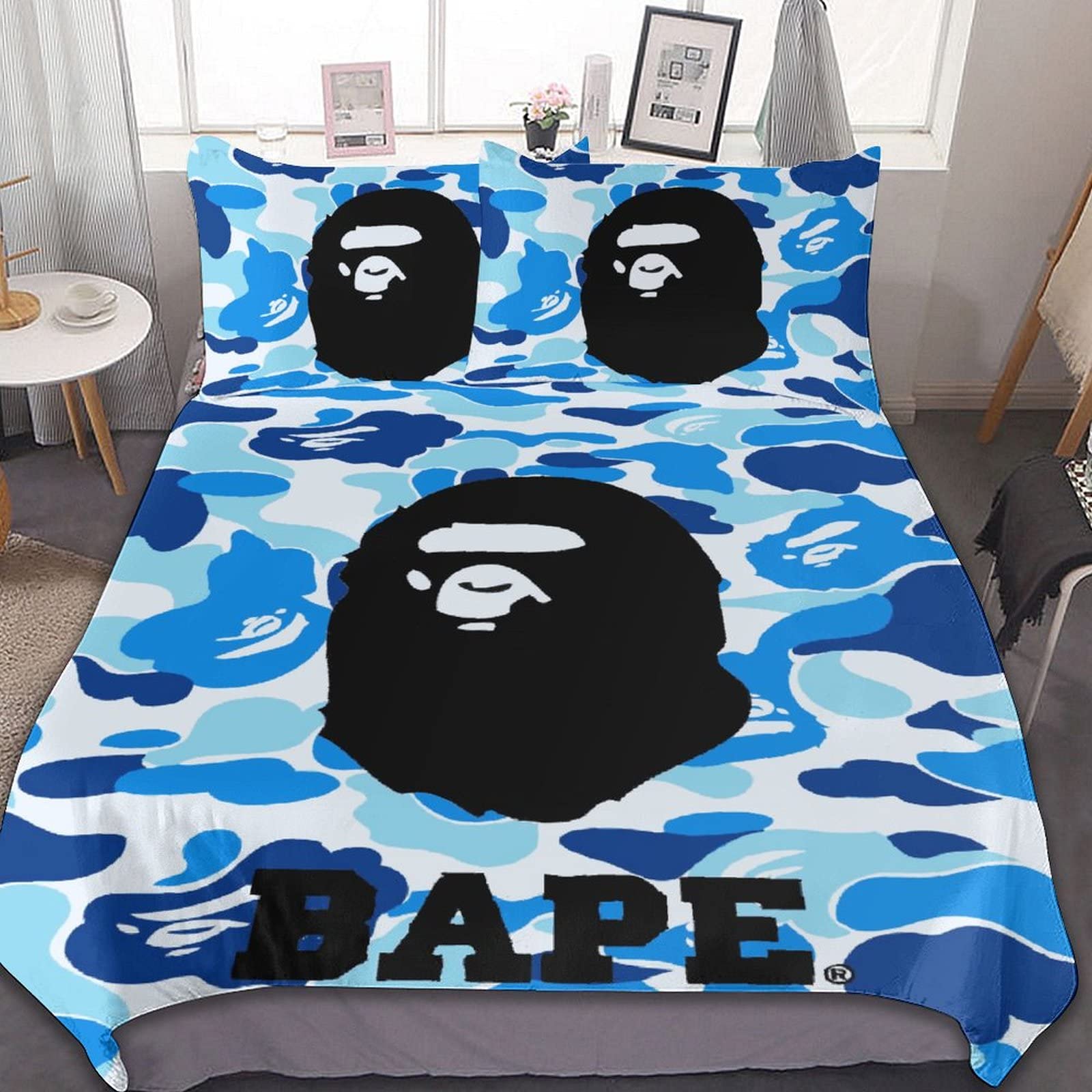 Bedding Set Sheet Duvet Cover Blue Camo Ape Head Soft 3-Pieces Bed Sets  Comfy Comforter Cover and Pillowcases Twin(68