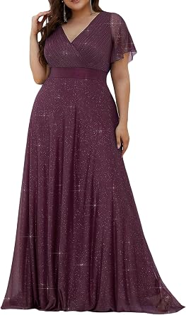 Ever-Pretty Plus Womens Glitter Formal Dress Evening Gown for Gala V-Neck Short Sleeve Floor Length Plus Size Prom Dresses