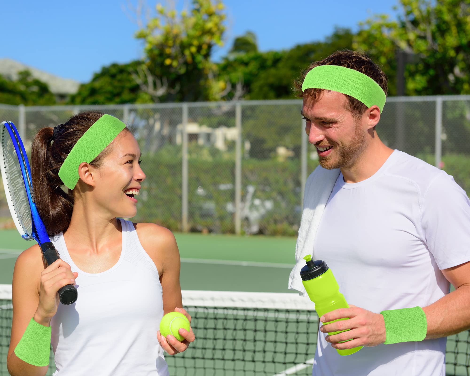 Canlierr 48 Pcs Football Sweatbands Bulk for Men Women Striped Sweatband Set, Include 16 Headband and 32 Wristbands Sports Neon Accessories for 80's Costume Party Athletic Gym