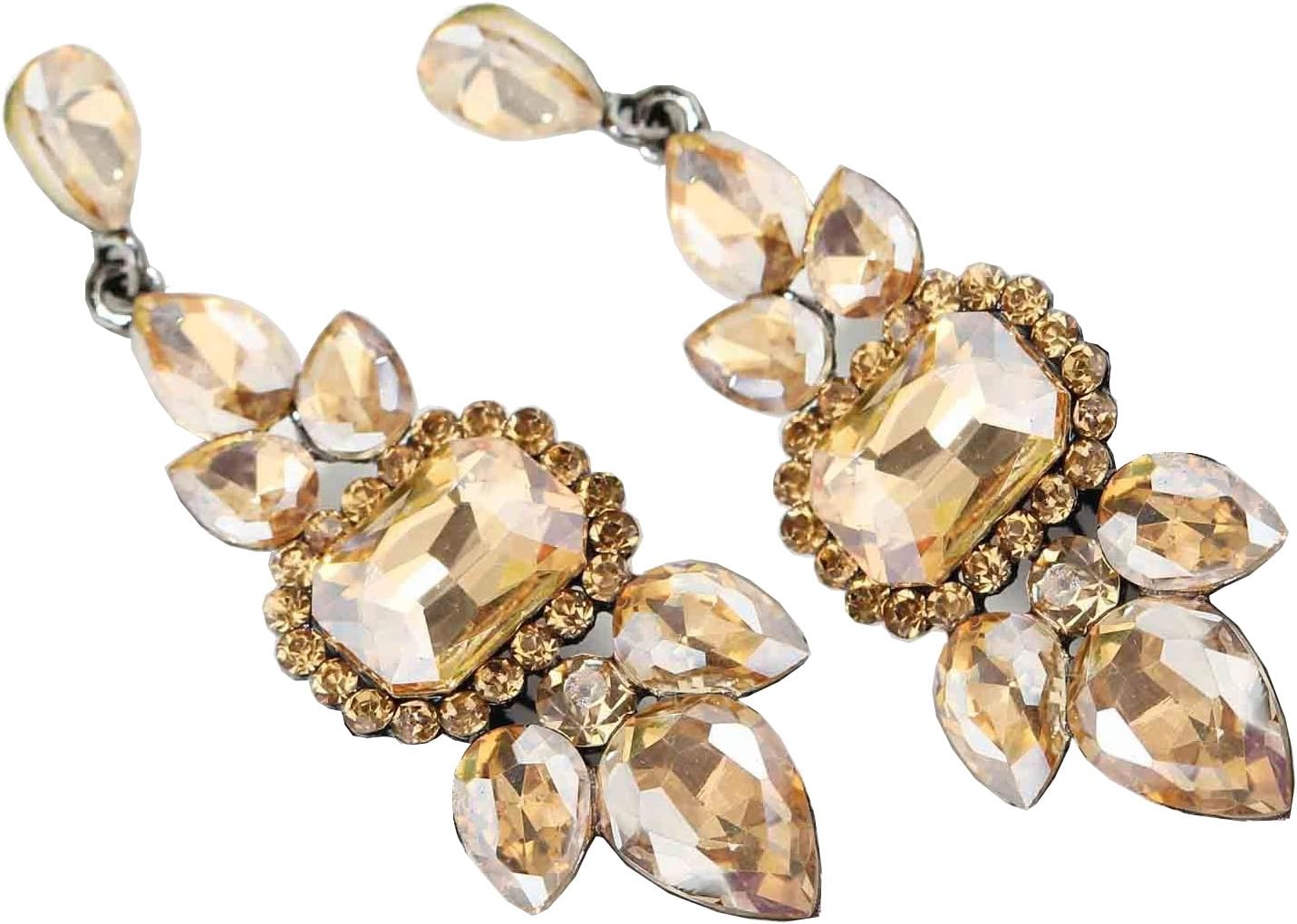 Large Art Deco Antique Vintage Style Gold Brown Amber Topaz Citrine Statement Rhinestone Earrings