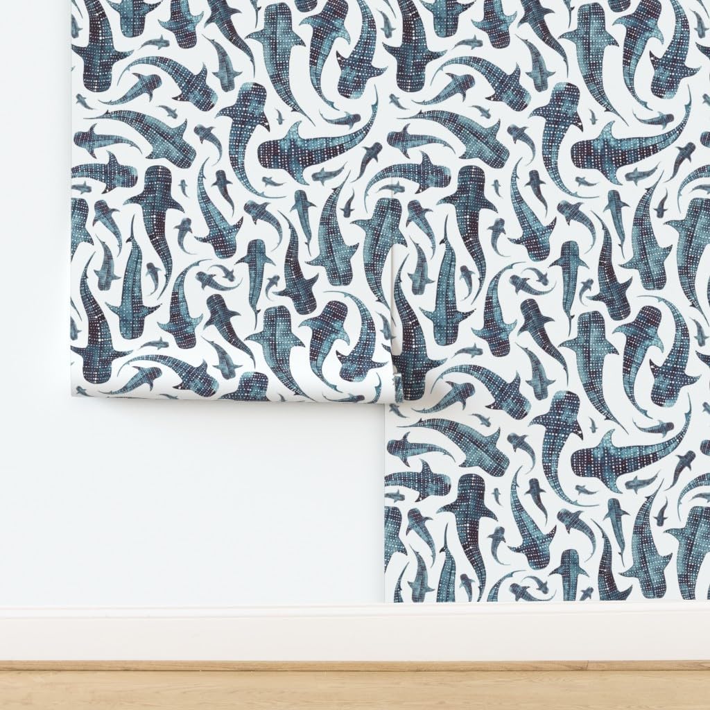 Peel & Stick Wallpaper 3ft x 2ft - Whale Shark Blue Animal Swimming Navy Sea Ocean Custom Removable Wallpaper by Spoonflower