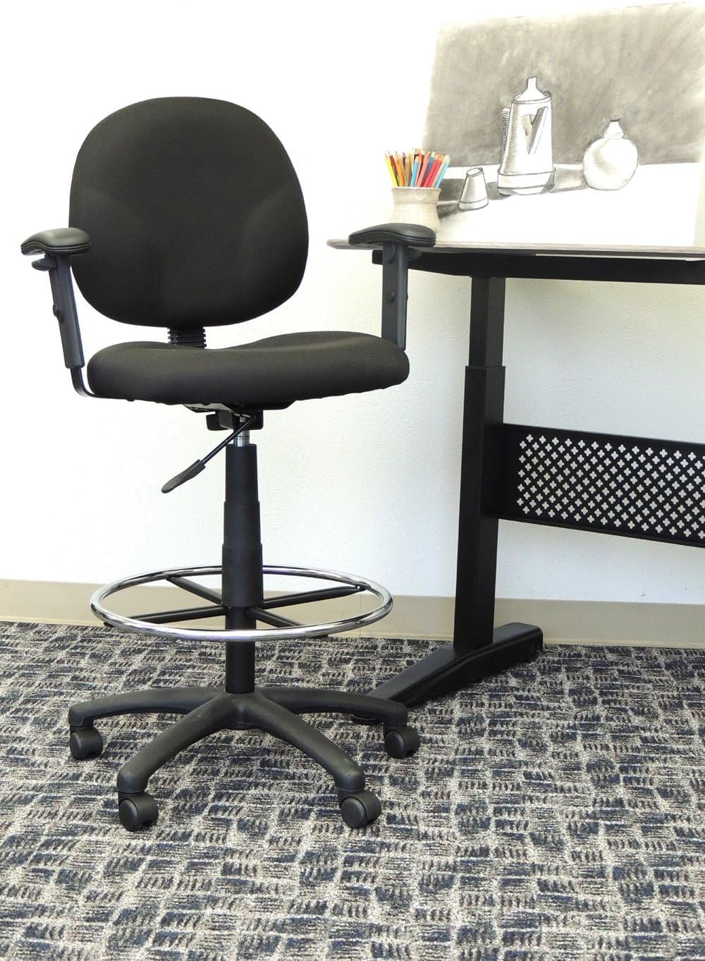 BOWERY HILL Adjustable Arm Fabric Upholstered Drafting Stool, Black Finish, 41.5-49.5 in Height, 25 in Width, Contoured Back, Chrome Foot Ring, Heavy-Duty Nylon Base, Adjustable Chair for Workspace