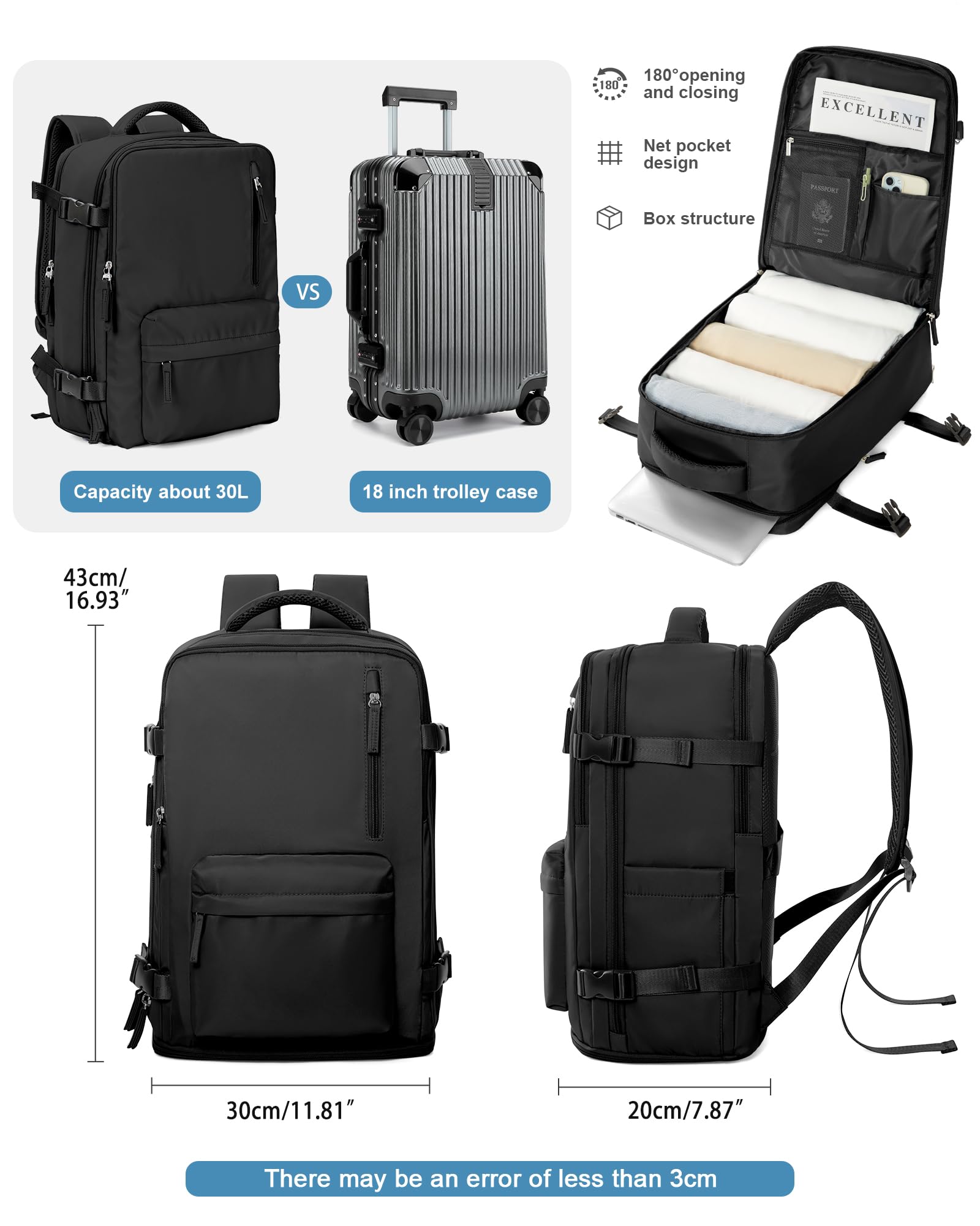 VGCUB Carry on Travel Backpack for Women Men Large Laptop Gym Work Frontier Airlines Personal Item Bag Business Airport Lightweight Backpack Flight Approved Mochilas de Viaje Black — view 6