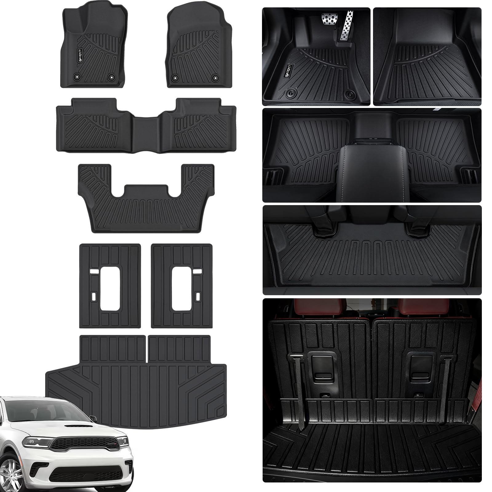 LJWAITO Floor Liners & Cargo Liners & Backrest Mat for 2016-2025 2026 Dodge Durango 6 Seats-2 Row Bucket Seat,TPE All Weather Protection Car Floor Mats with Trunk Mat Covering The Backrest