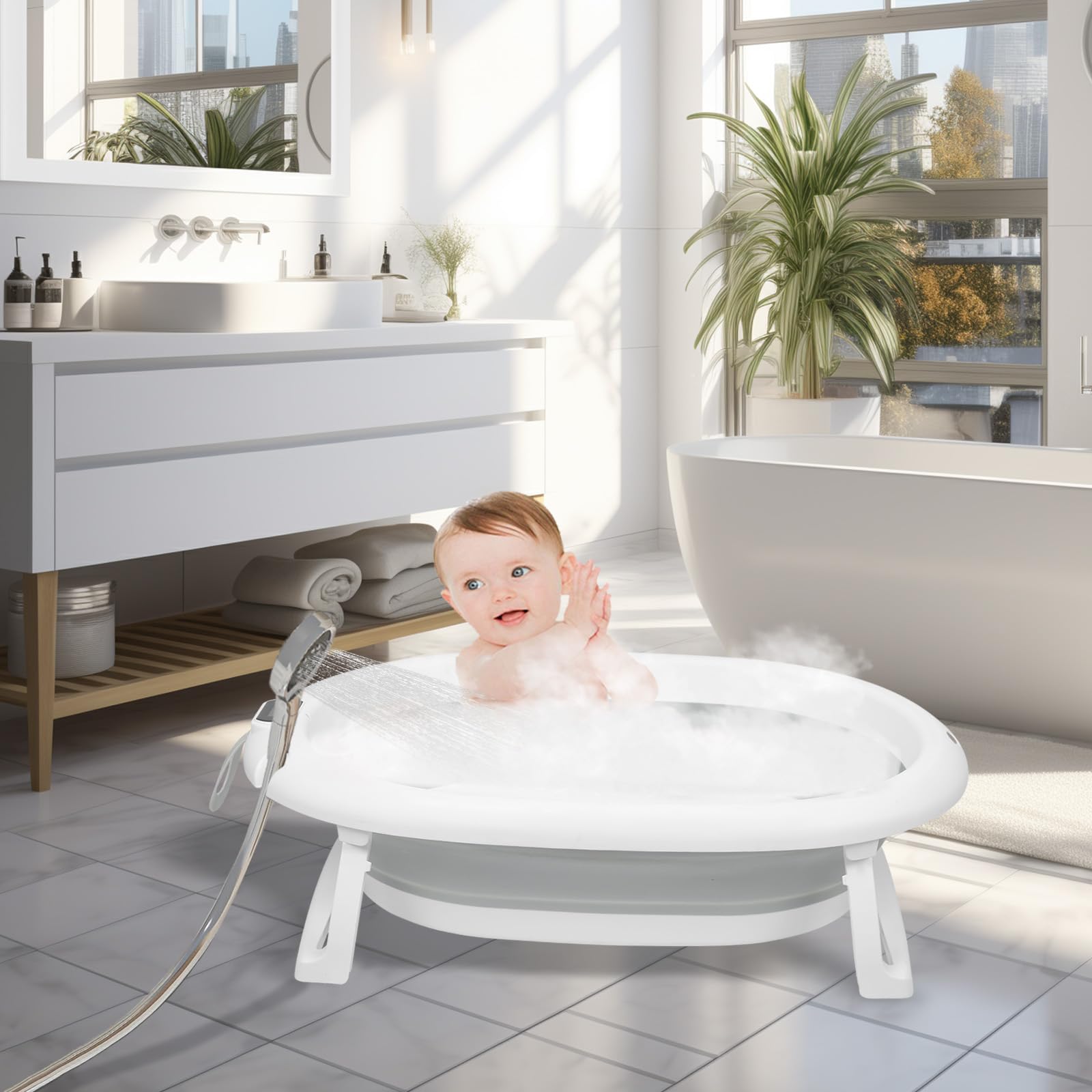 Bañera infantil plegable XXL con soporte, asiento y sistema de drenaje, 0-3 años, 2 en 1 bañera de bebé sobre pie, poco abundante (gris con soporte, 81 x 47 x 90 cm)