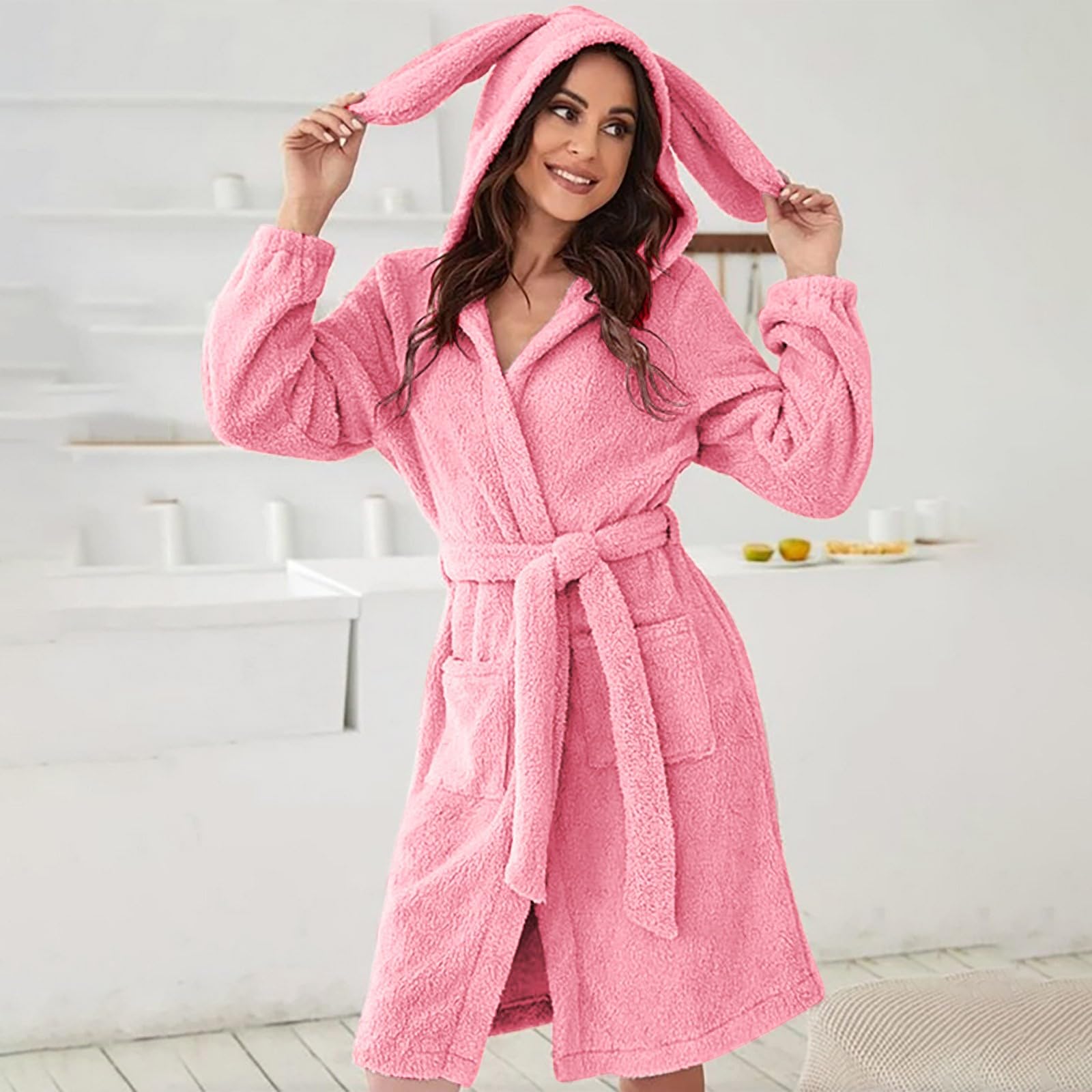 Generisch Lindo albornoz para mujer, largo con capucha, albornoz cálido para sauna, elegante, monocolor, felpa, suave, albornoz de viaje, mullido, cómodo