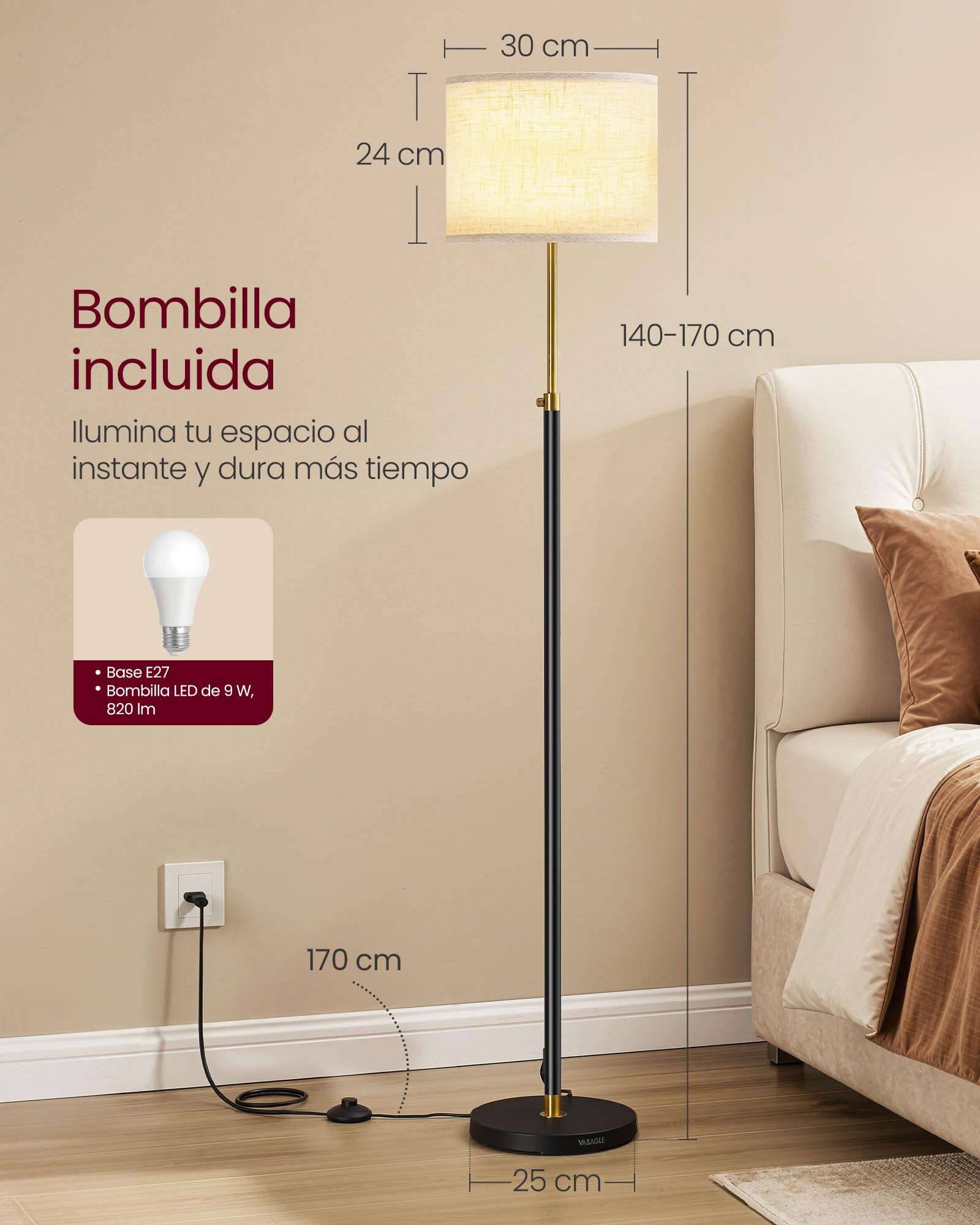 VASAGLE Lámpara de Pie, Lámpara de Lectura Regulable en Altura, 140-170 cm de Altura, Moderna, con Interruptor de Pedal, Pantalla de Tela, Casquillo E27, con control remoto, Dorado + Negro LFL005BD02