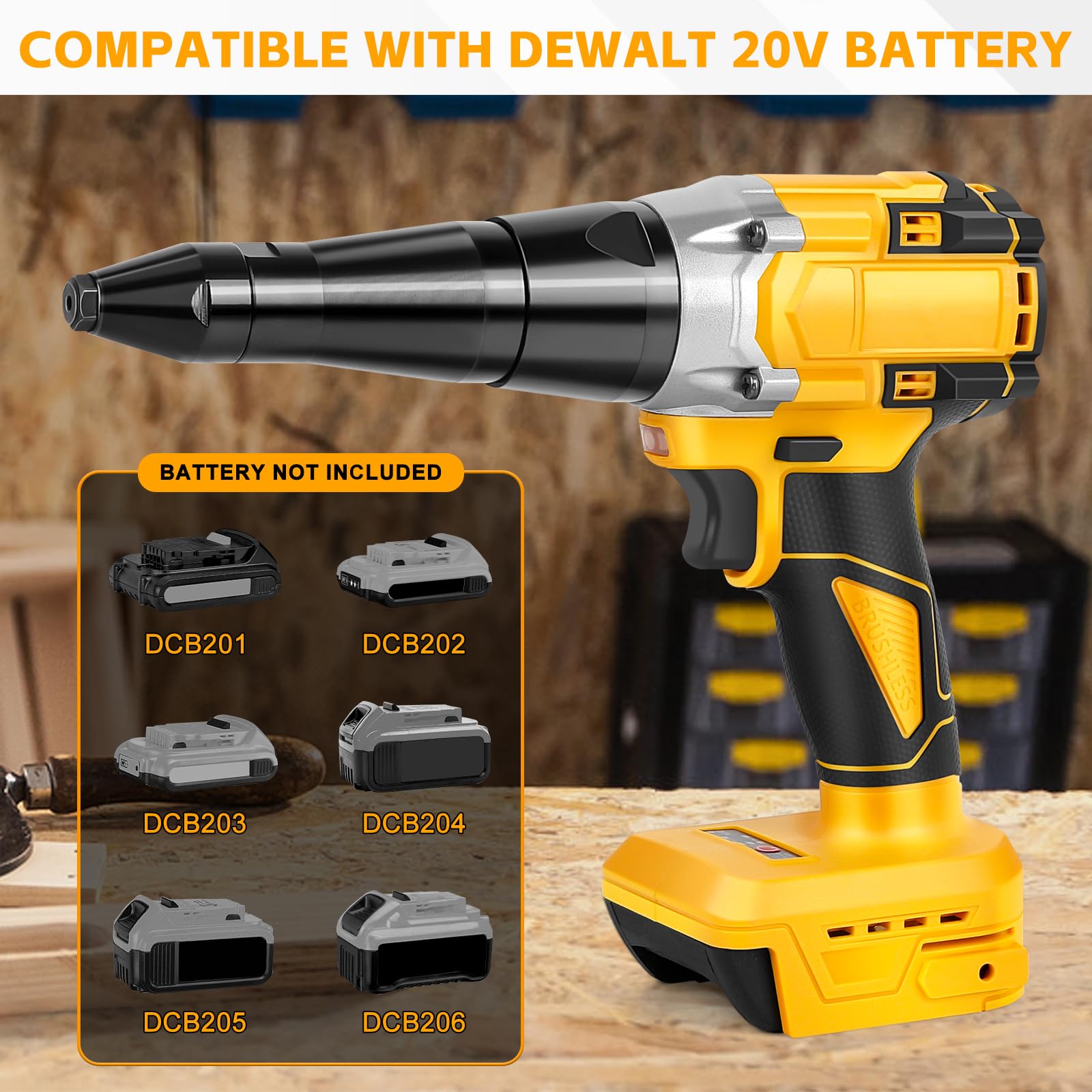 Rivettatrice a batteria compatibile con Dewalt 20V batteria (senza batterie), Professionale Senza Spazzole con LED, 3 Adattatori, 60 Rivetti e Chiavi Inglesi