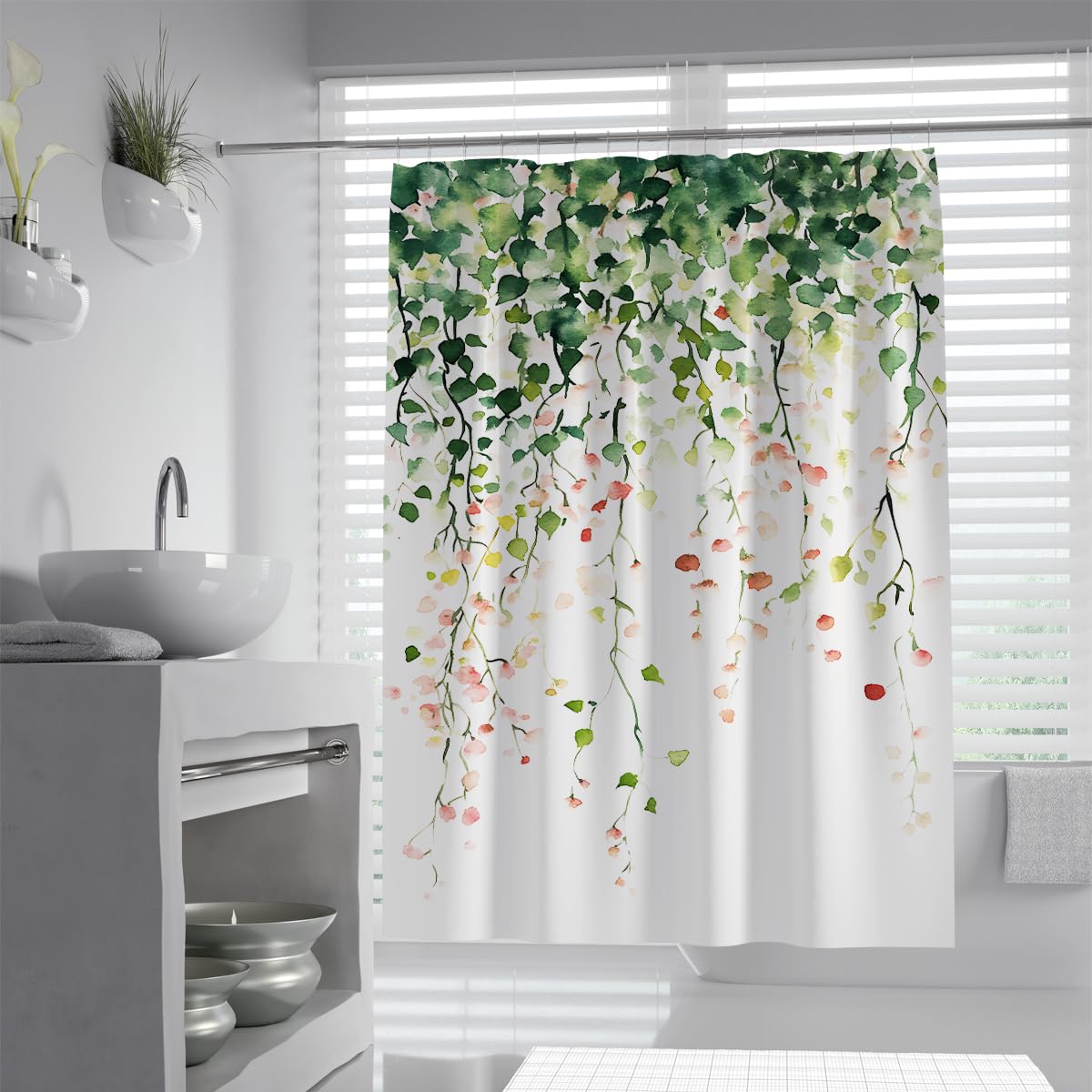UERWOWELL Modern Minimalist Shower Curtain Nature Forest Foliage Plant Bud Bath Curtain Nordic Style Green Bathroom Curtains Set with C-Shaped Hooks W200xL200 cm
