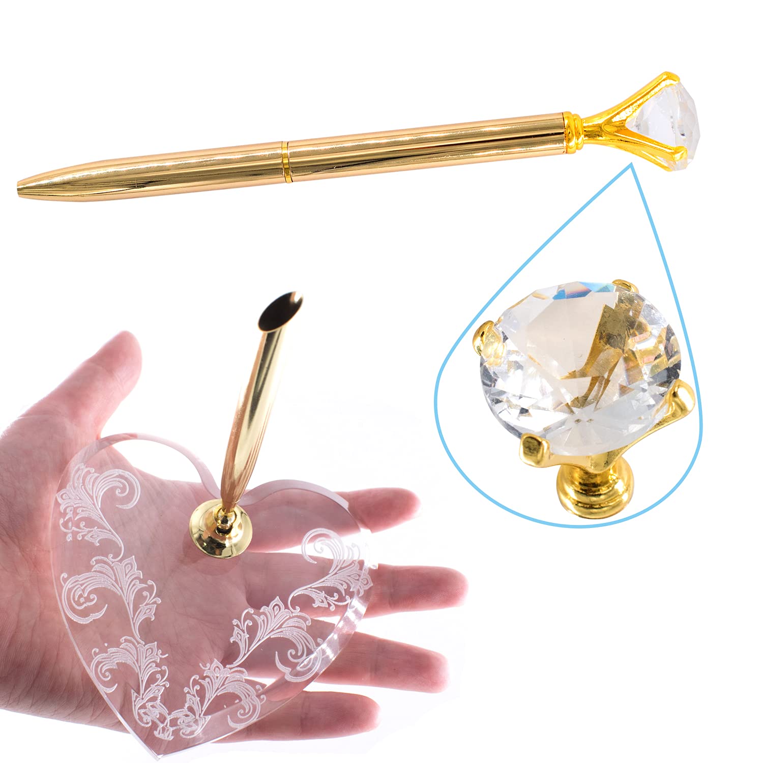 Stylo Signature Mariage Avec Support Cœur Acrylique - Pointe Diamant Dorée, Rotatif, Cadeau élégant - 10