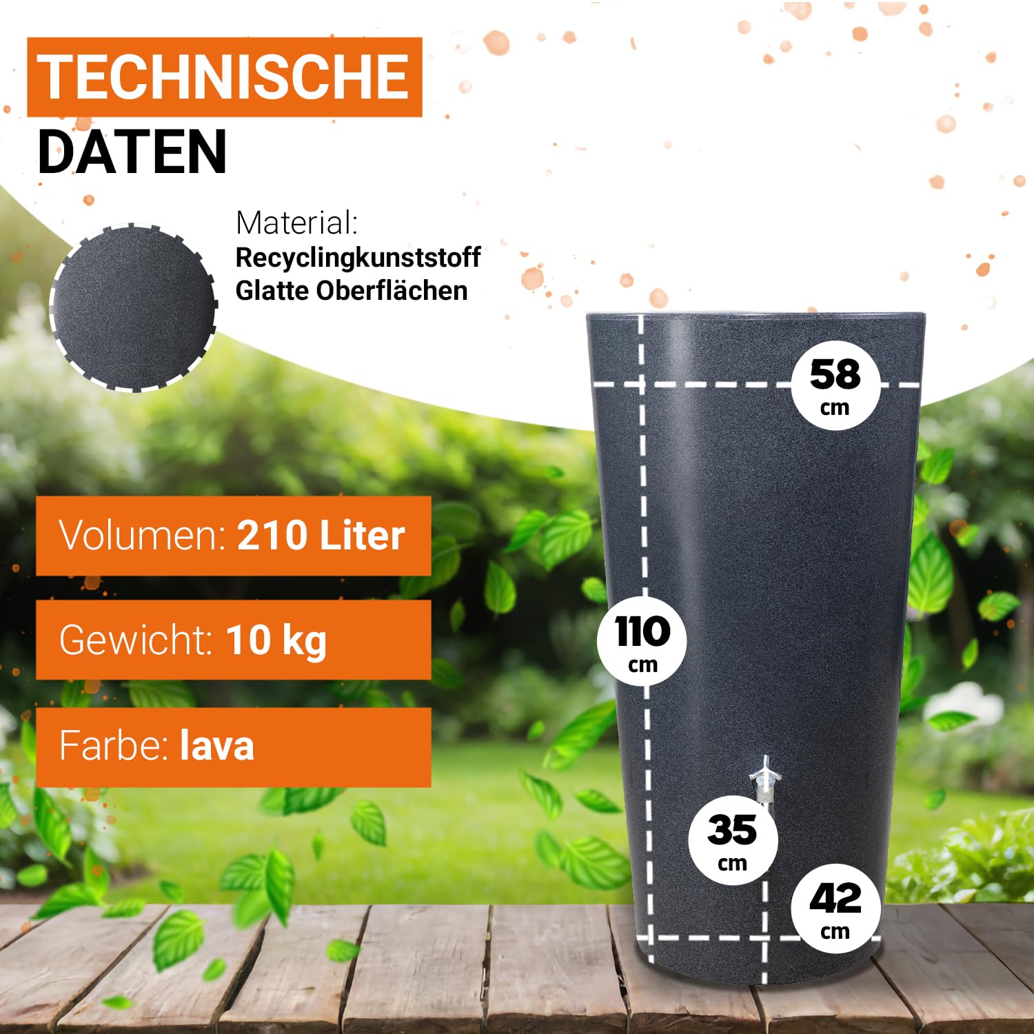 GARANTIA Stone 2in1 Regentonne 210 Liter Lava inkl. Pflanzschale | Wassertank, Regenfass, Regenwassertonne, Wasserbehälter, Fass, Regenwassertank, Wasserfass, Wassertonnen für Garten