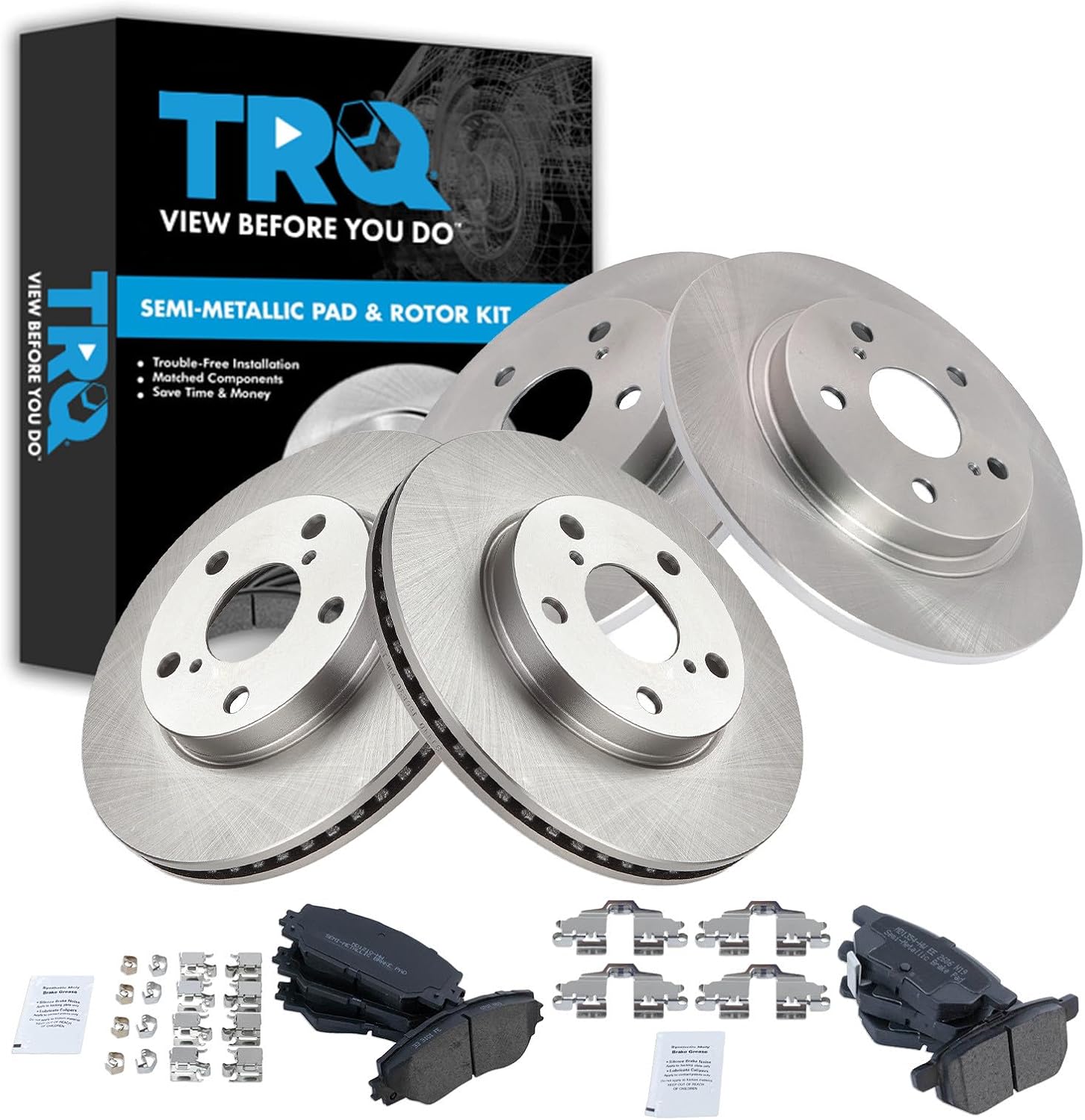 TRQ Front and Rear Brake Pad and Rotor Set Semi Metallic Rotors Compatible with 2008-2015 Scion xB