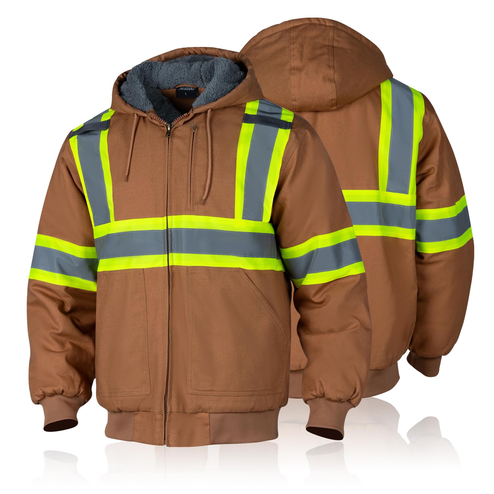 Sicalobo Men's High Visibility Work Jacket, Reflective Waterproof Cashmere Lining Canvas Cold Weather Jacket,Brown,2XL