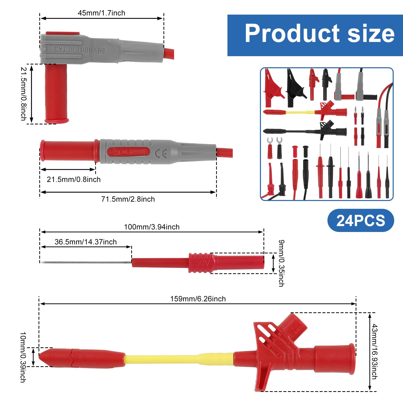 Silicone Multimeter Test Leads Set, Precision Sharp Probe Test Lead with Replaceable Probes Alligator Clips and Test Hooks 1000V 10A CAT III for Most of Digital Multimeter