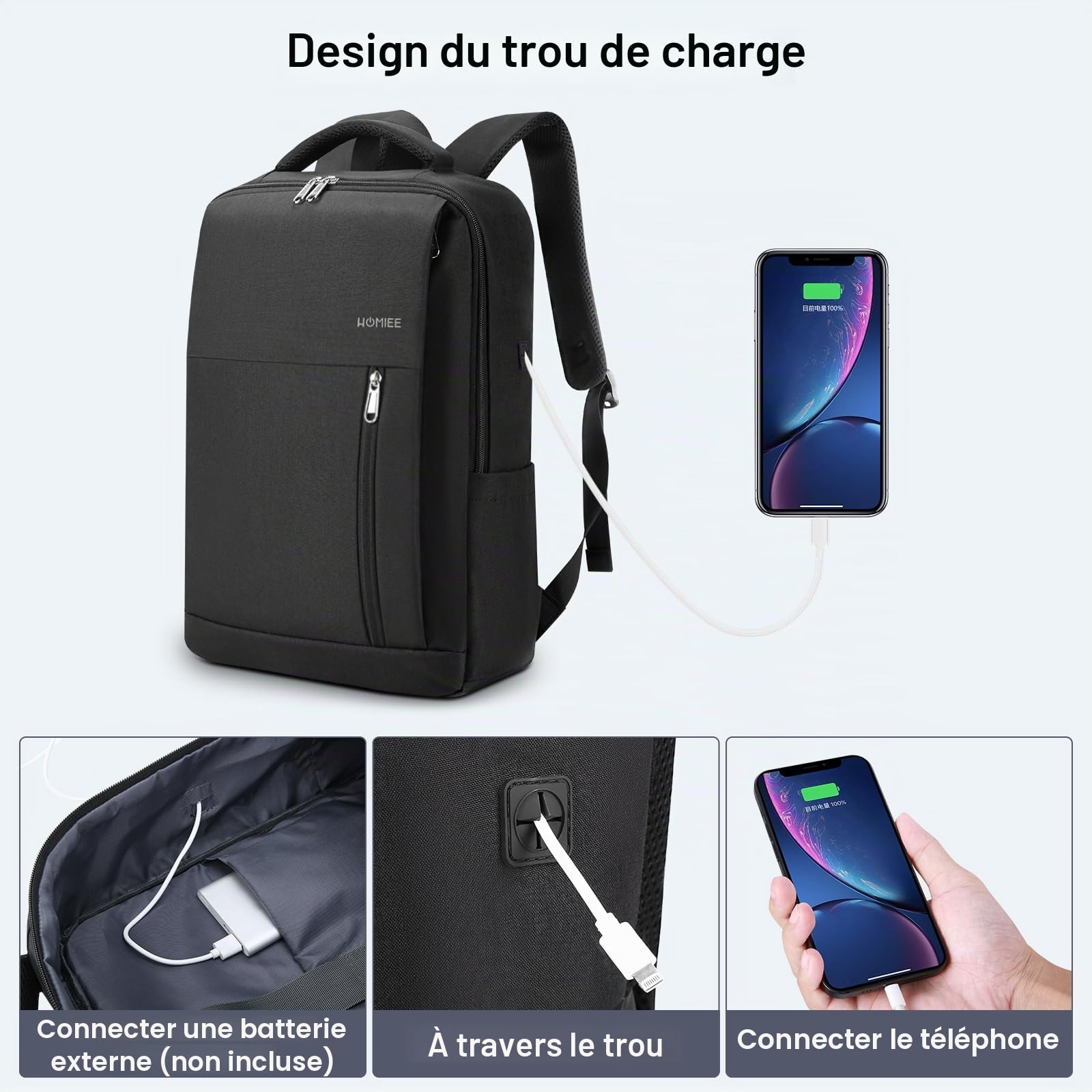 HOMIEE Sac à Dos Ordinateur 17 Pouces, Sac à Dos PC 17,3" Grande Capacité Homme Femme, Antivol Travail Voyage Loisirs Affaire Scolaire, Noir (Noir)
