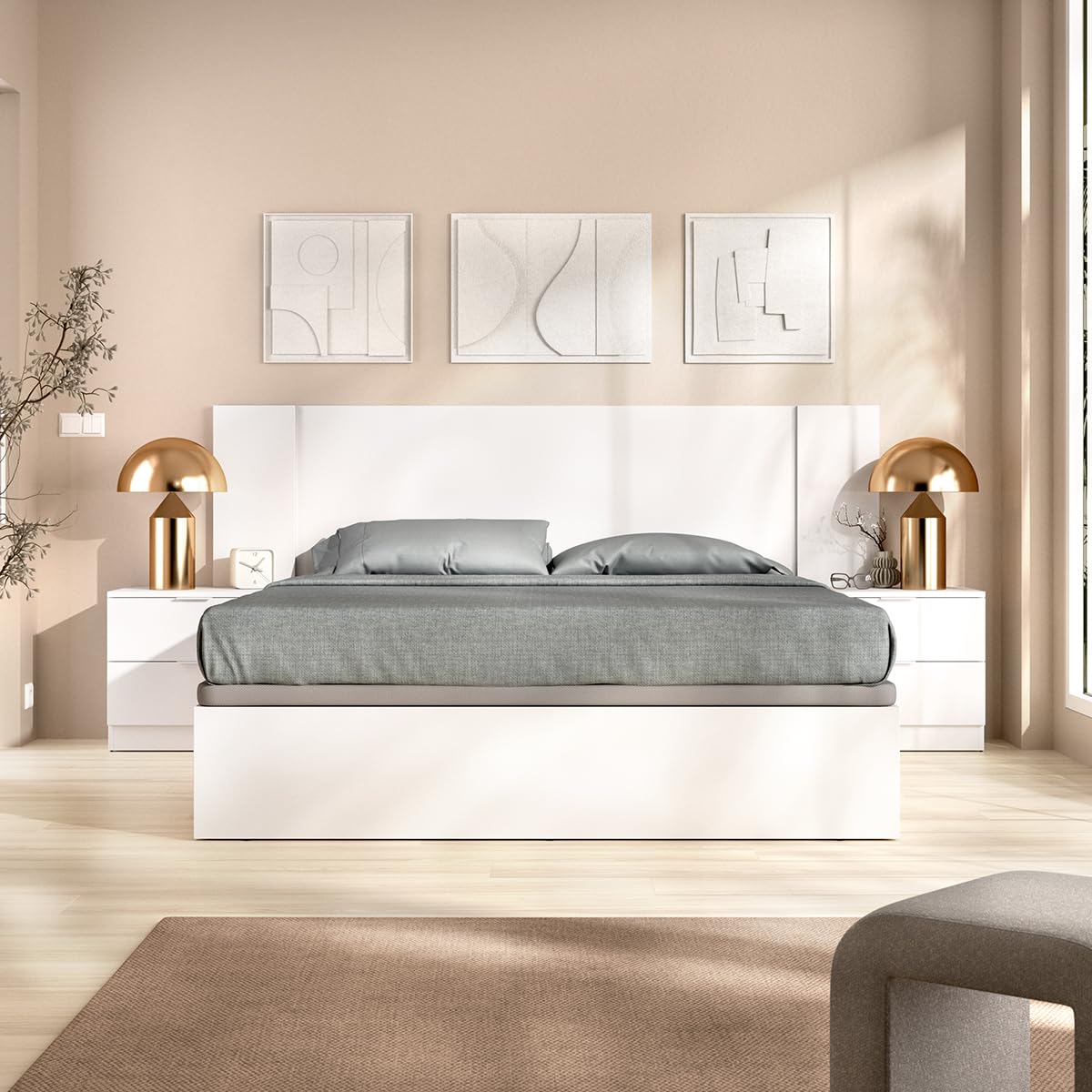 DEKIT Grupo RIMOBEL - Cabezal Cama len con 2 MESITAS Y CANAPÉ Nest Recto 150CM - 96x251x197cm
