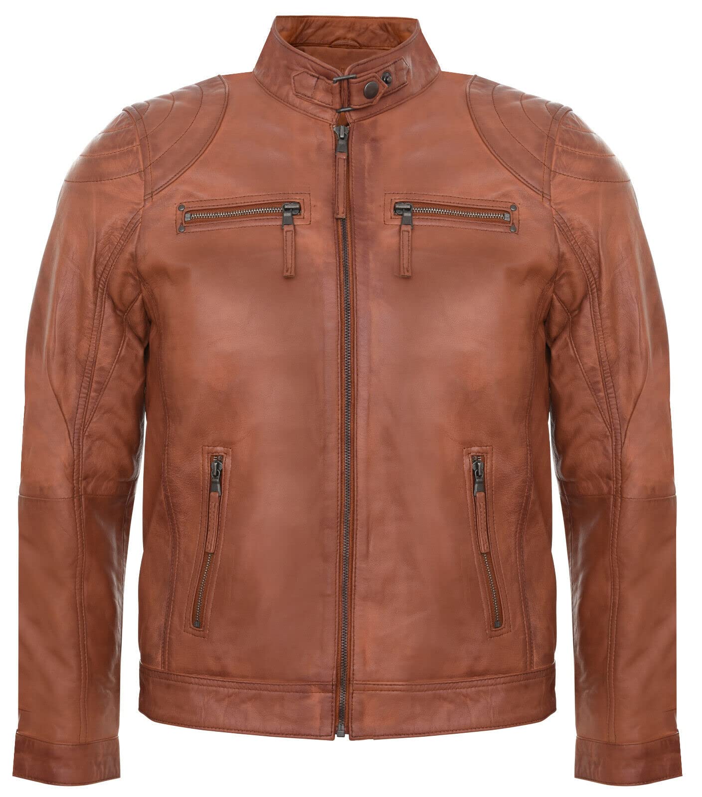 Men's Tan 100% Real Leather Moto Racing Biker Fashion Motorcycle Zipped Jacket XL