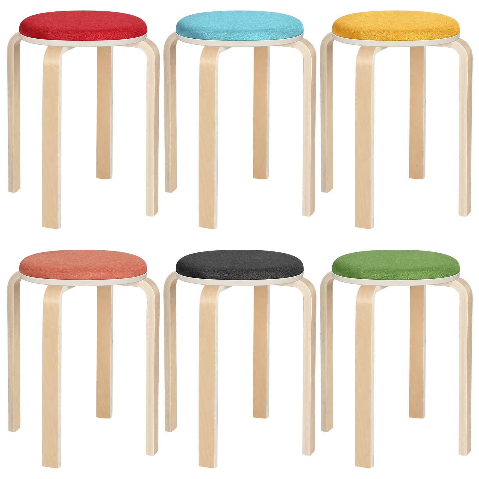 Yunlly Upholstered Wood Stool 18.5 Inch Backless Stacking Stools Round Stool Chairs with Non Slip Foot Mats Bentwood Stackable Seating for Kitchen Living Room Home and Classroom (Multicolor,6 Pcs)