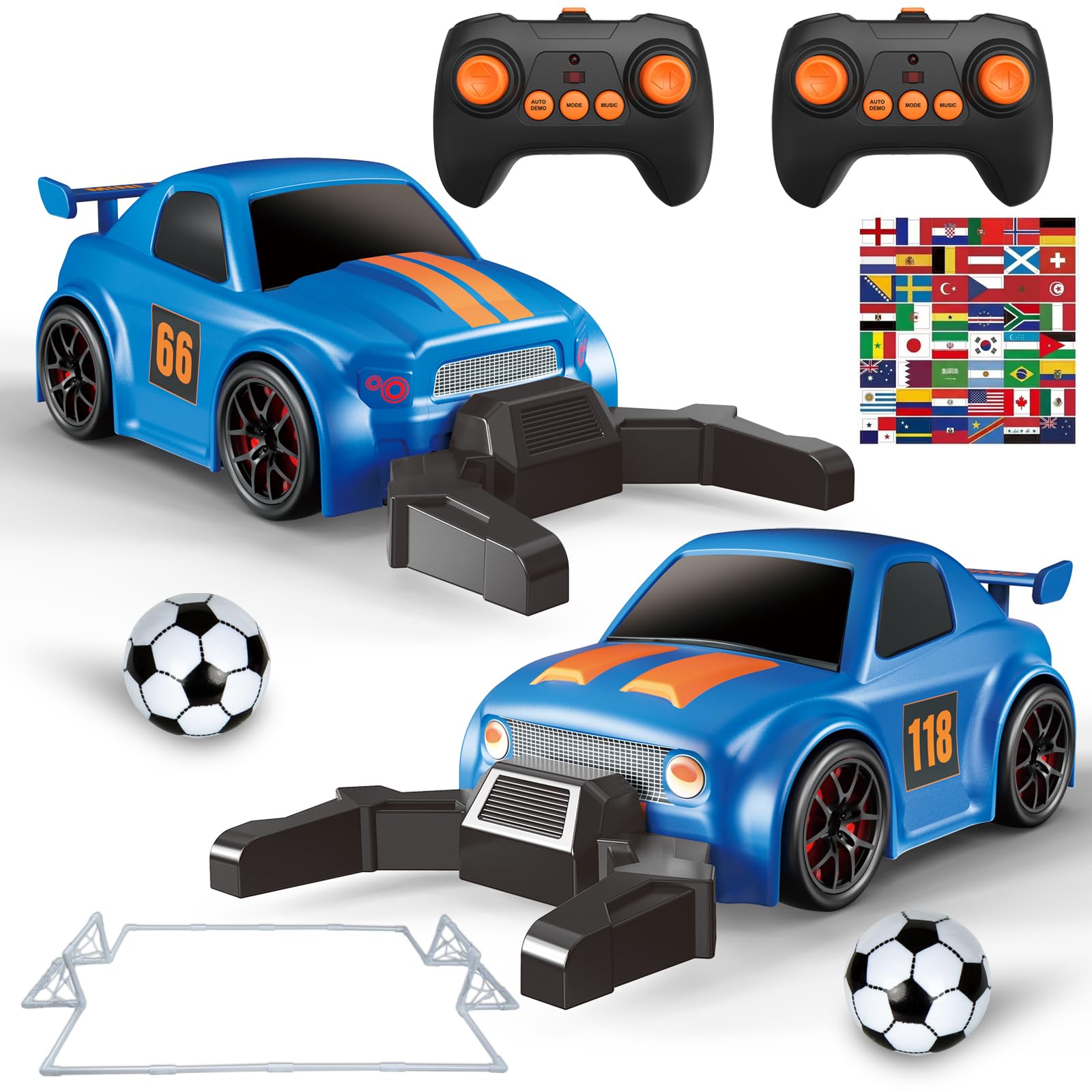 Mini Football Remote Control Car for Kids, 2-Pack RC Cars Soccer Match Cartoon with Soccer Field, 1/43 RC Stunt Car Drift 360° Rotation with Music Christmas Birthday Gifts Toys for Kids Boys Girls