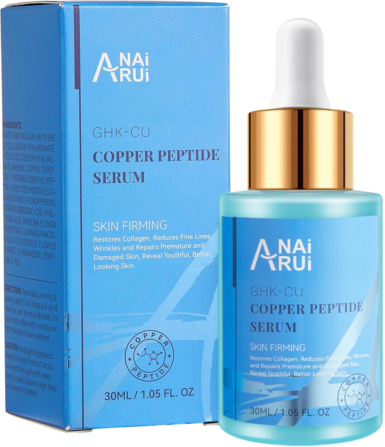 ANAiRUi Copper Peptides Serum for Face – GHK-Cu Anti Aging Face Serum with Hyaluronic Acid – Reduces Fine Lines & Wrinkles, Repairs Premature & Damaged Skin, Plump and Radiant Skin, 30ml