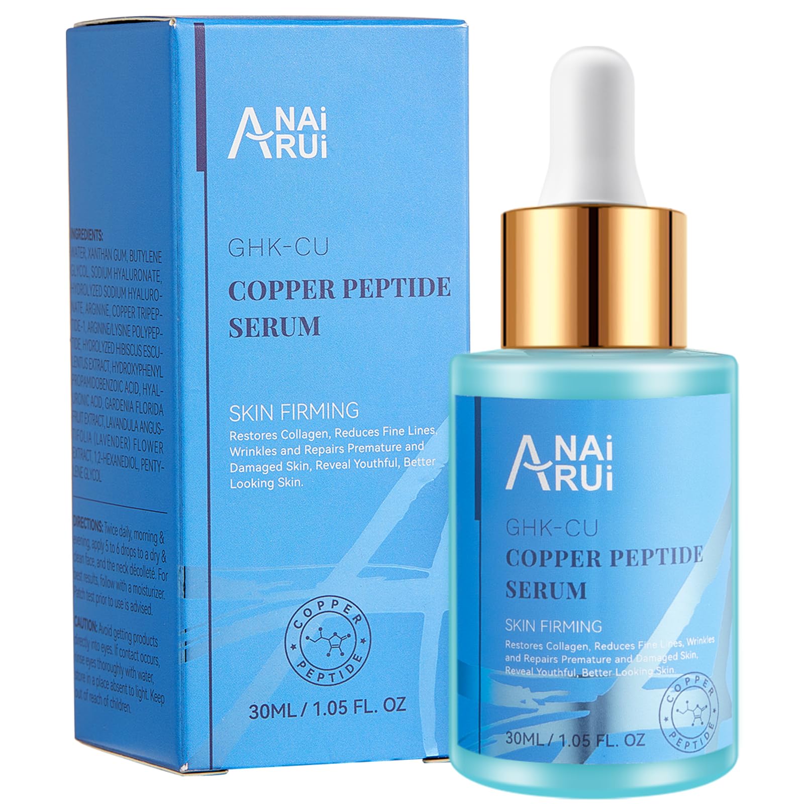 ANAiRUi Copper Peptides Serum for Face - GHK-Cu Anti Aging Face Serum with Hyaluronic Acid - Reduces Fine Lines & Wrinkles, Repairs Premature & Damaged Skin, Plump and Radiant Skin, 30ml