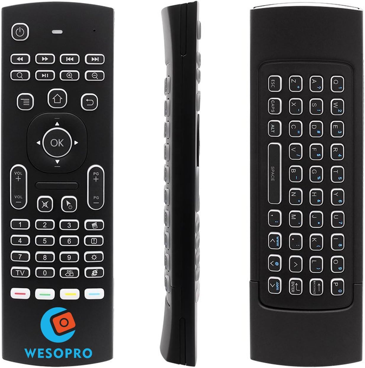 WESOPRO MX3B Backlight Air Remote Mouse, 2.4GHz Wireless Fly Mouse with Keyboard & Infrared Learning Remote Control for Android TV Box.Android Projector.HTPC.IPTV.Pad.PS3/PS4.