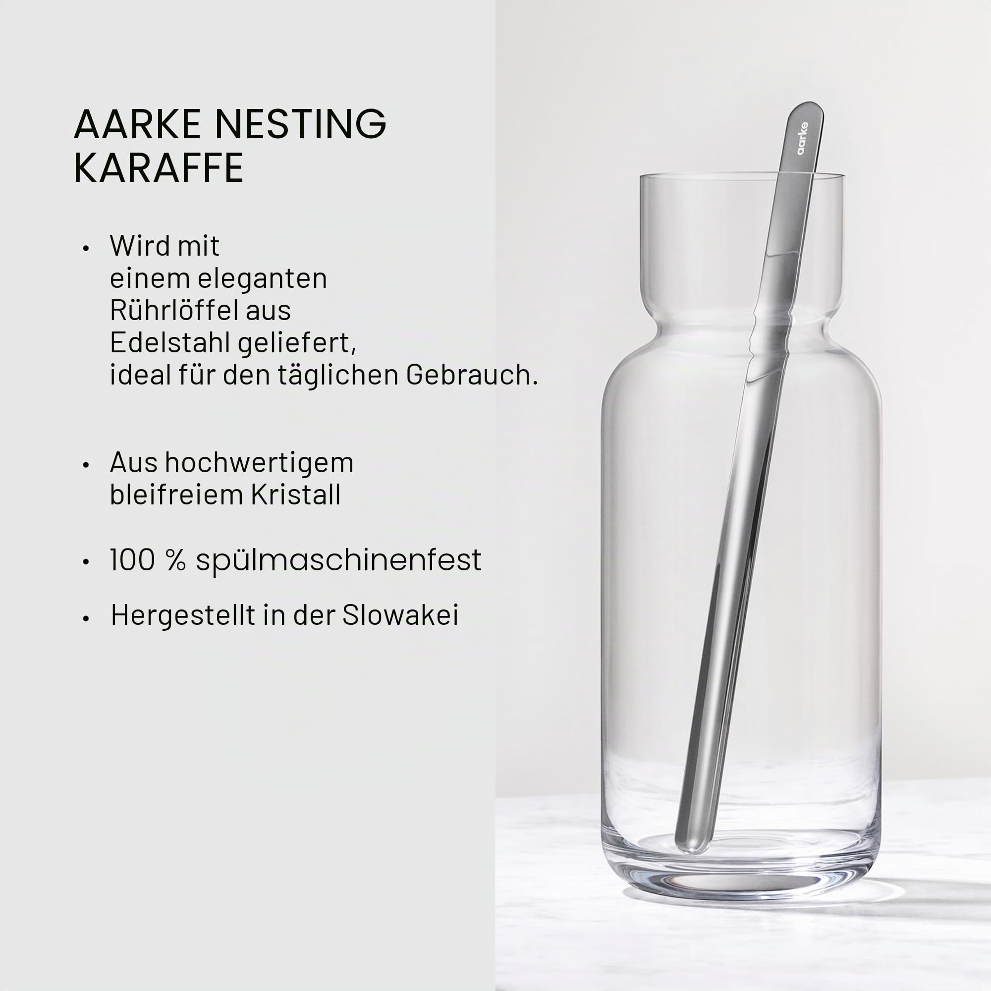 aarke Nesting Carafe, Kristallglaskaraffe (1,1 Liter) + Edelstahl-Barlöffel
